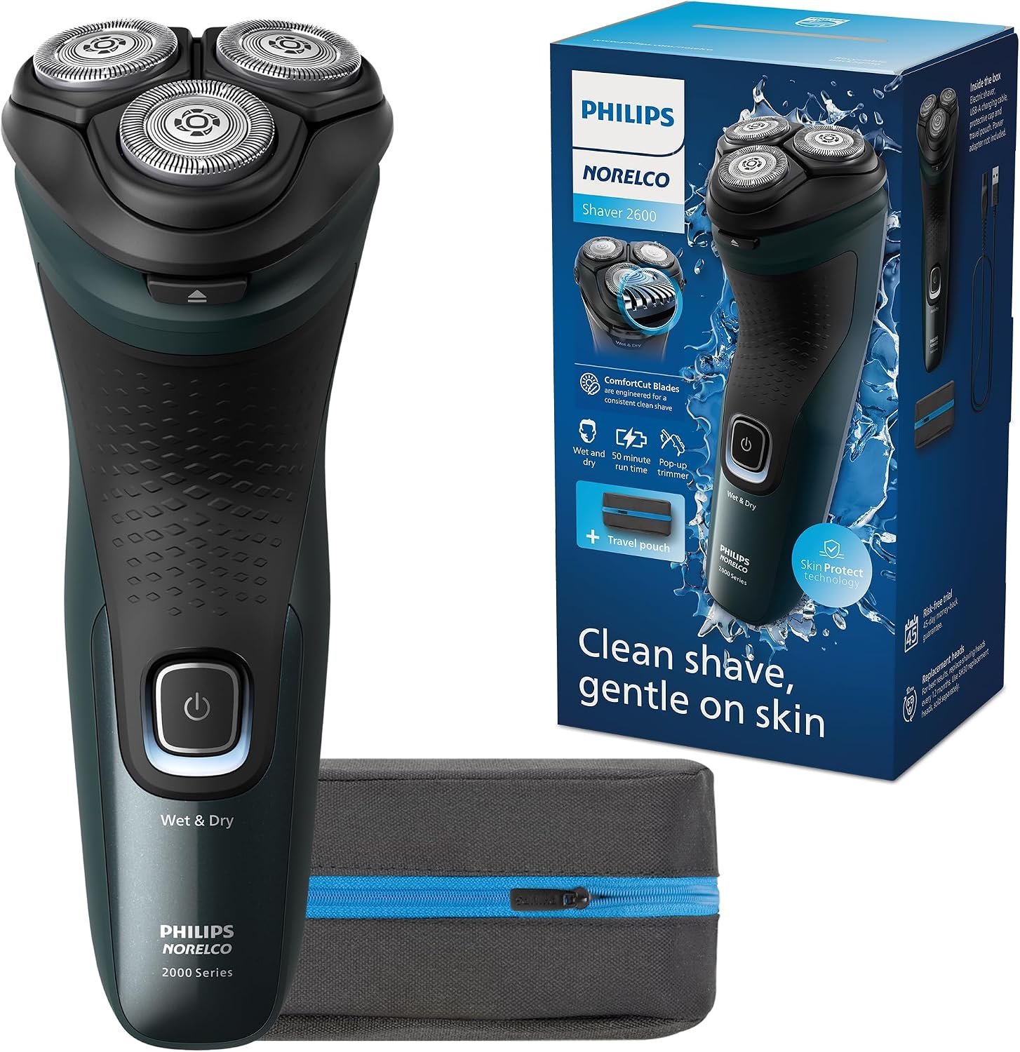 Philips Norelco 2600 Electric Shaver, Dark Forest Green | 27 Self Sharpening ComfortCut Blades, 4D Flex Heads, Wet or Dry Use, 2-Year Blade Life, Travel Pouch, X3052/91