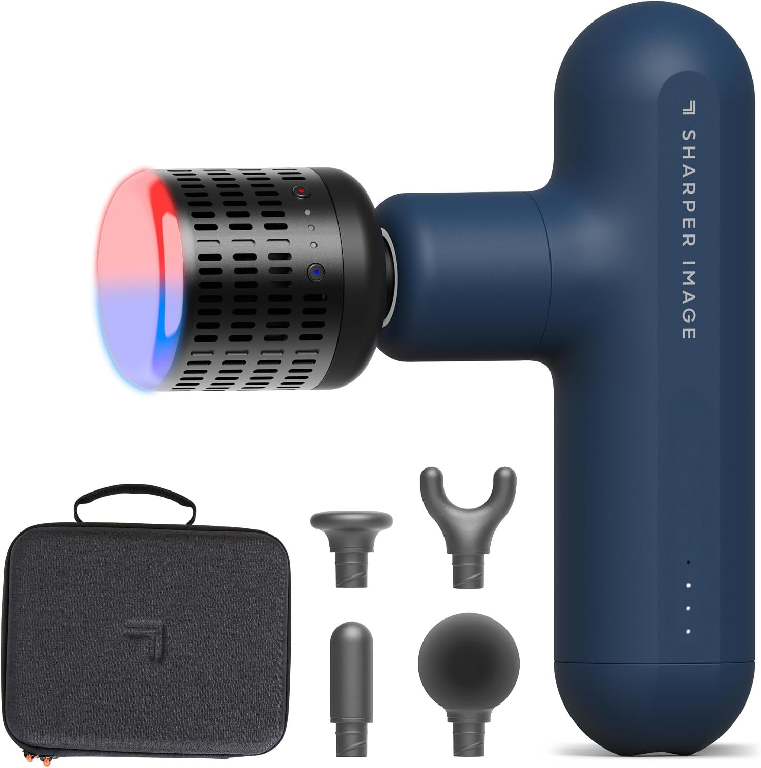 Sharper Image Deep Tissue Percussion Massage Gun, Powerboost Move Evo Hot & Cold Rechargeable Handheld Massager, 4 Adjustable Speeds, 5 Attachment Heads & Carrying Case, for Muscle Pain Relief, Blue