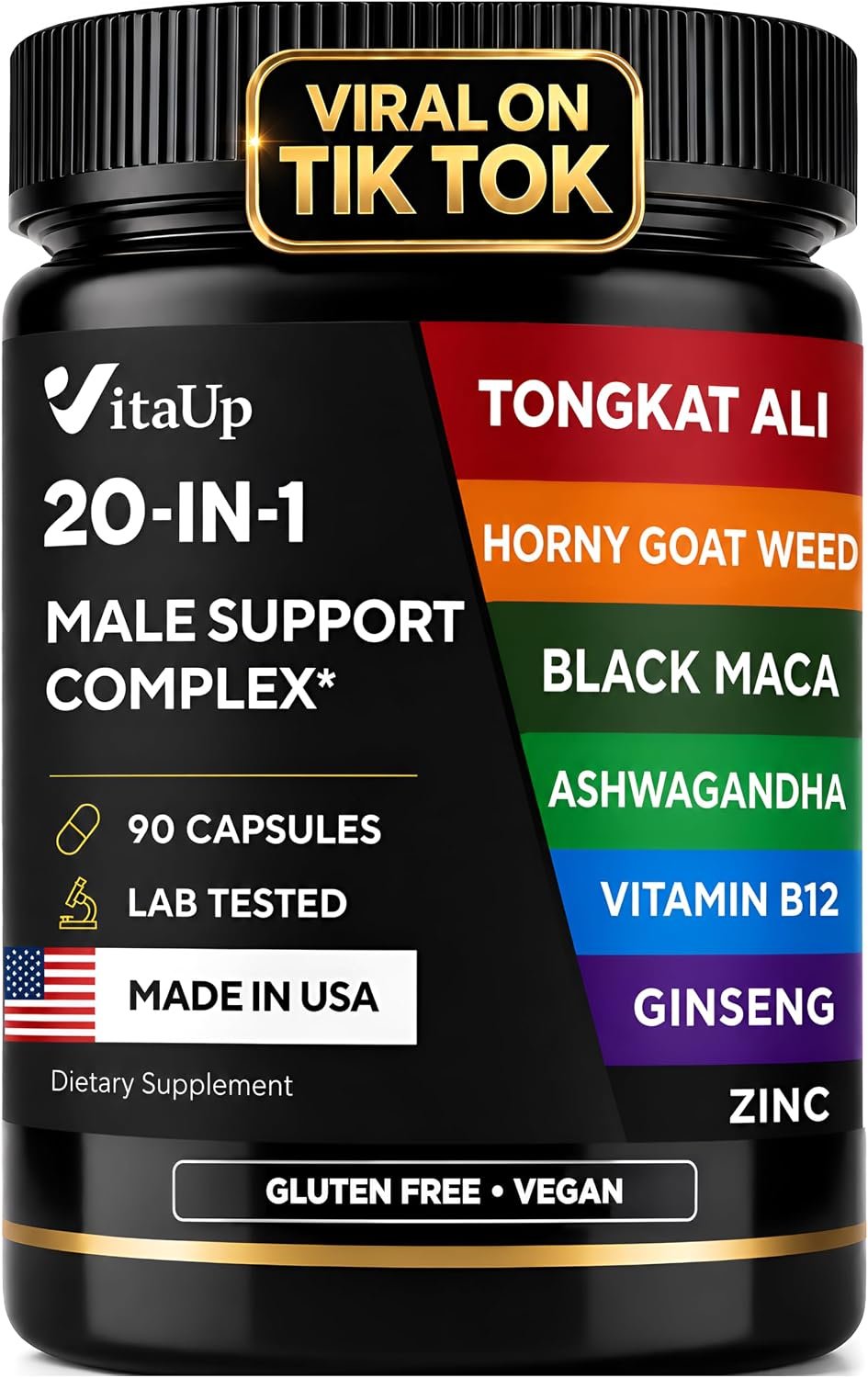 Mens Supplement 20 in 1 – Male Supplements with Tongkat Ali, Black Maca Root for Men, Zinc, Vitamin B12, Astragalus for Normal Energy Support – 90 Vegan Caps