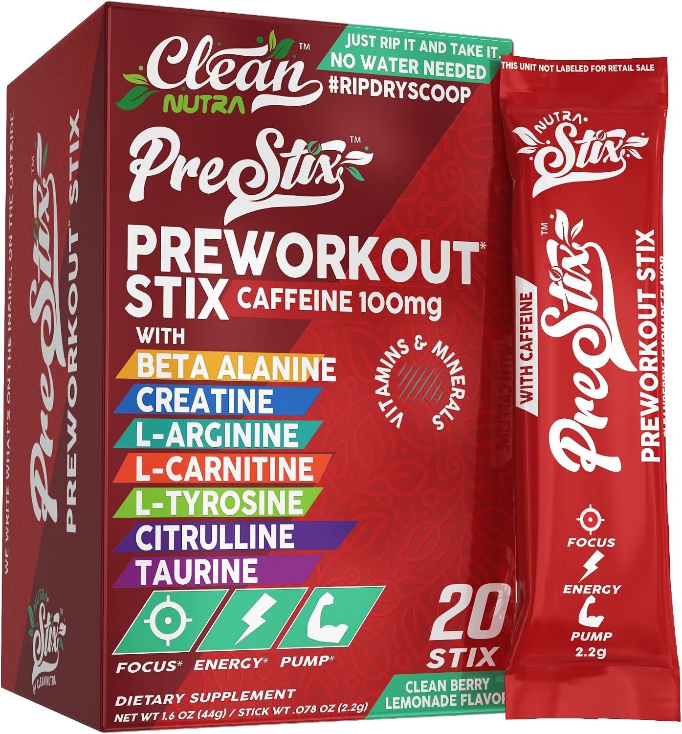 Clean Nutraceuticals Pre Workout Powder Energy Sticks – Caffeine 100mg, Energy Drink Mix, Creatine Monohydrate, Beta Alanine, L-Citrulline, L-Tyrosine, L-Carnitine, Electrolyte Hydration Packets 20 Ct