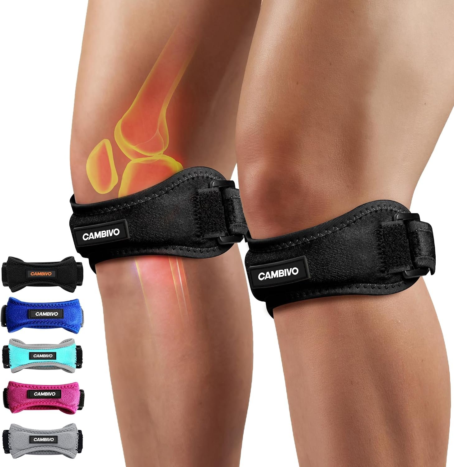 CAMBIVO 2 Pack Patella Tendon Knee Straps, Knee Brace for Women & Men with Extra Straps, Patella Bands for Pain Relief, Osgood Schlatter, Jumper’s Knee, Tendonitis, Running, Basketball, Volleyball
