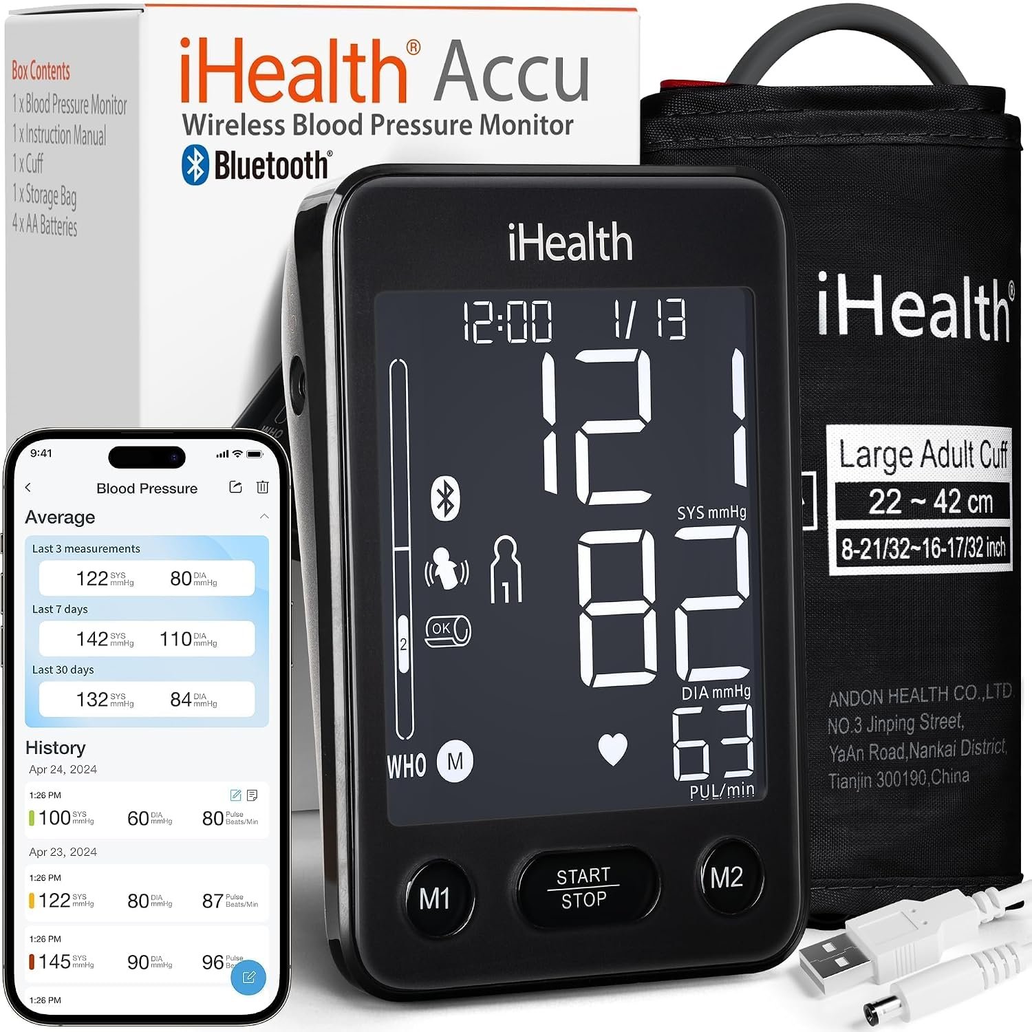 iHealth Accu Bluetooth Upper Arm Blood Pressure Monitor with Large Cuff | Smart BP monitor for home use, 8.7″-16.5″Adjustable BP Cuff for Large Arm, 2-user memory,compatible with iOS & Android, Black
