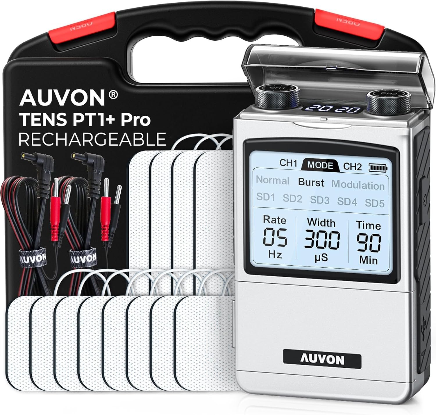 AUVON Rechargeable Digital TENS Unit Muscle Stimulator, Customizable 8-Mode | TENS Machine with 40 Levels for Gradual Neck, Shoulder, Back Pain Relief, 600 mAh Battery Life, 12 Electrodes, A Carry Case