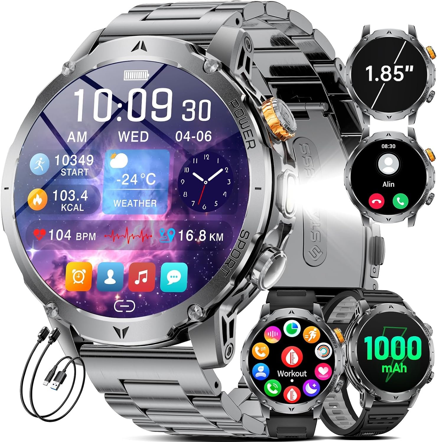 LIGE Military Smart Watch for Men, 1000mAh Battery, LED Flashlight/1.85” HD Smartwatch, 100 Sports Modes, IP68 Waterproof Fitness Tracker, 3 Bands, USB & Type-C Charger for Android iOS, Dark Grey