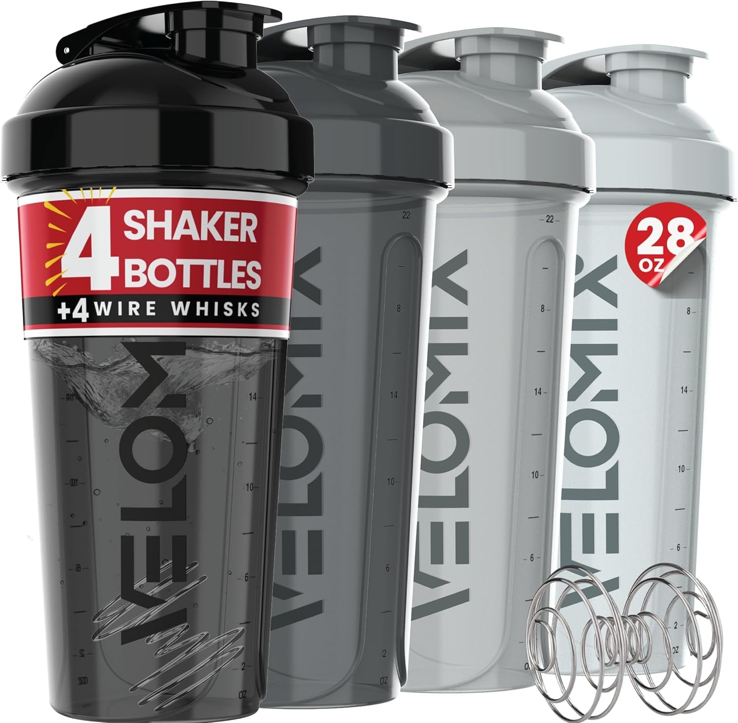 VELOMIX 4 Pack 28oz Protein Shaker Bottle for Protein Mixes, Silver Aurora | 4x Wire Whisk, Leak Proof Shaker Cups for Protein Shakes, Stackable, Dishwasher safe, BPA free, Pre Workout and Fitness ready