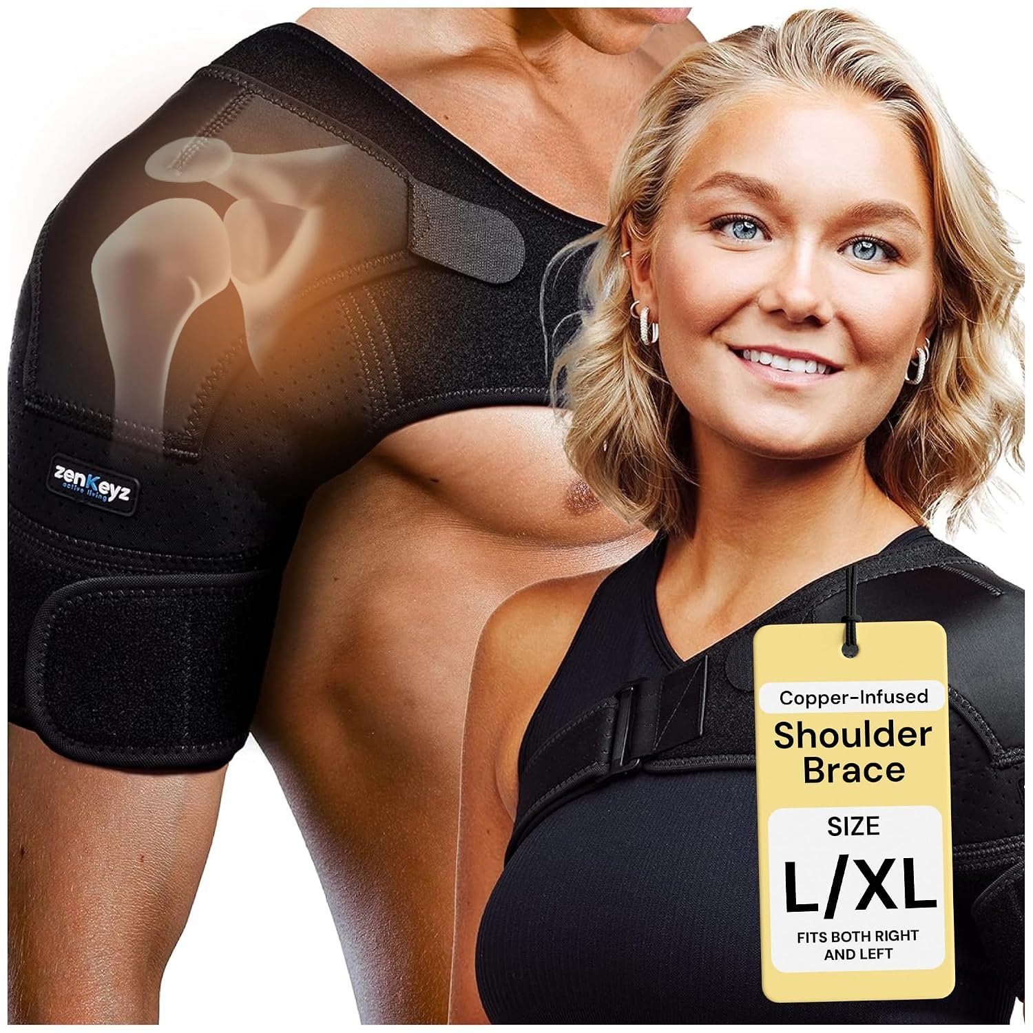 Copper Shoulder Brace – L/XL, Chest 35-47in, Adjustable | Copper compression sleeve – rotator cuff support – ice/heat pocket – Use for shoulder pain, recovery & sport