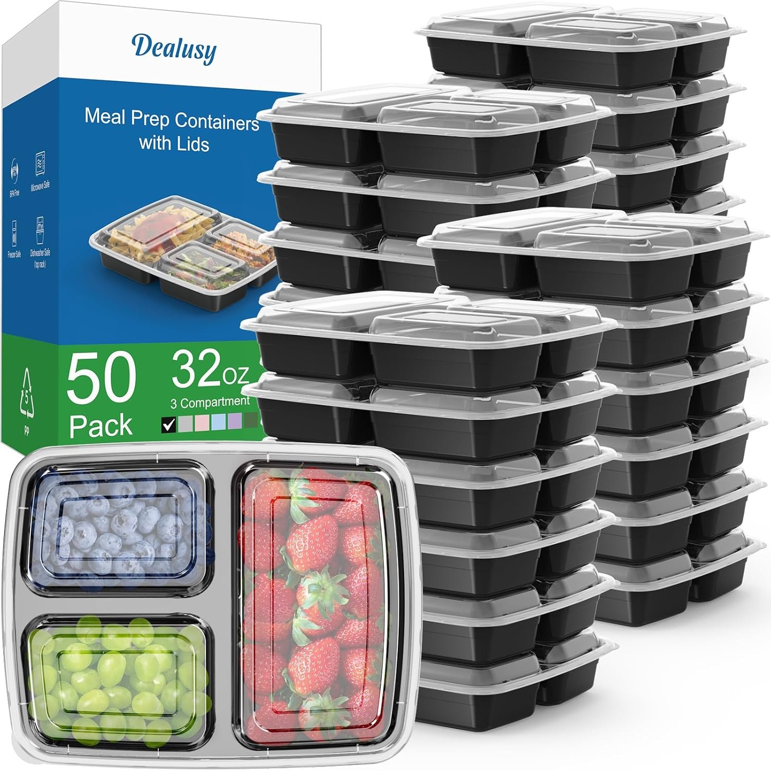 Dealusy 50 Pack 32 oz Meal Prep Containers with Lids 3-Compartment, Black | Sturdy Leakproof & Food Safe, Microwave, Freezer, Dishwasher Safe Prep Containers, To Go Take Out Plastic Food Storage