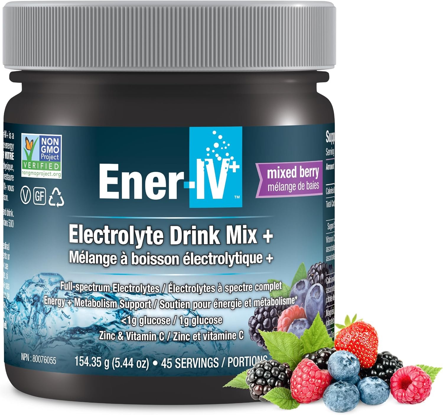 Ener-IV Electrolyte Drink Mix, Natural Flavors – Mixed Berry, 45 Servings | Electrolytes Powder, Hydration Powder Drink, Hydrate Liquid Mix, Low Sugar Rehydration for Women & Men, Non GMO