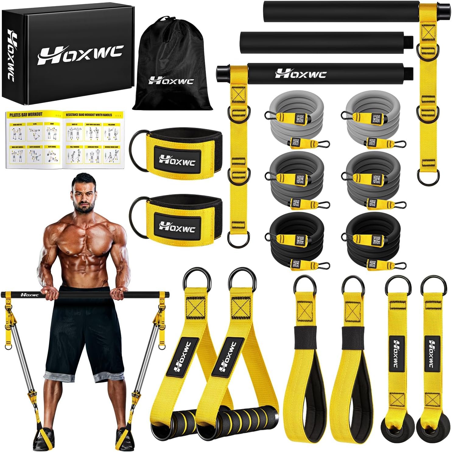Heavy Pilates Equipment, Portable Pilates Bar Kit with Resistance Bands, Professional Adjustable Squat Workout Equipment for Men, Home Gym Muscle Strength Training, Full Body Exercise