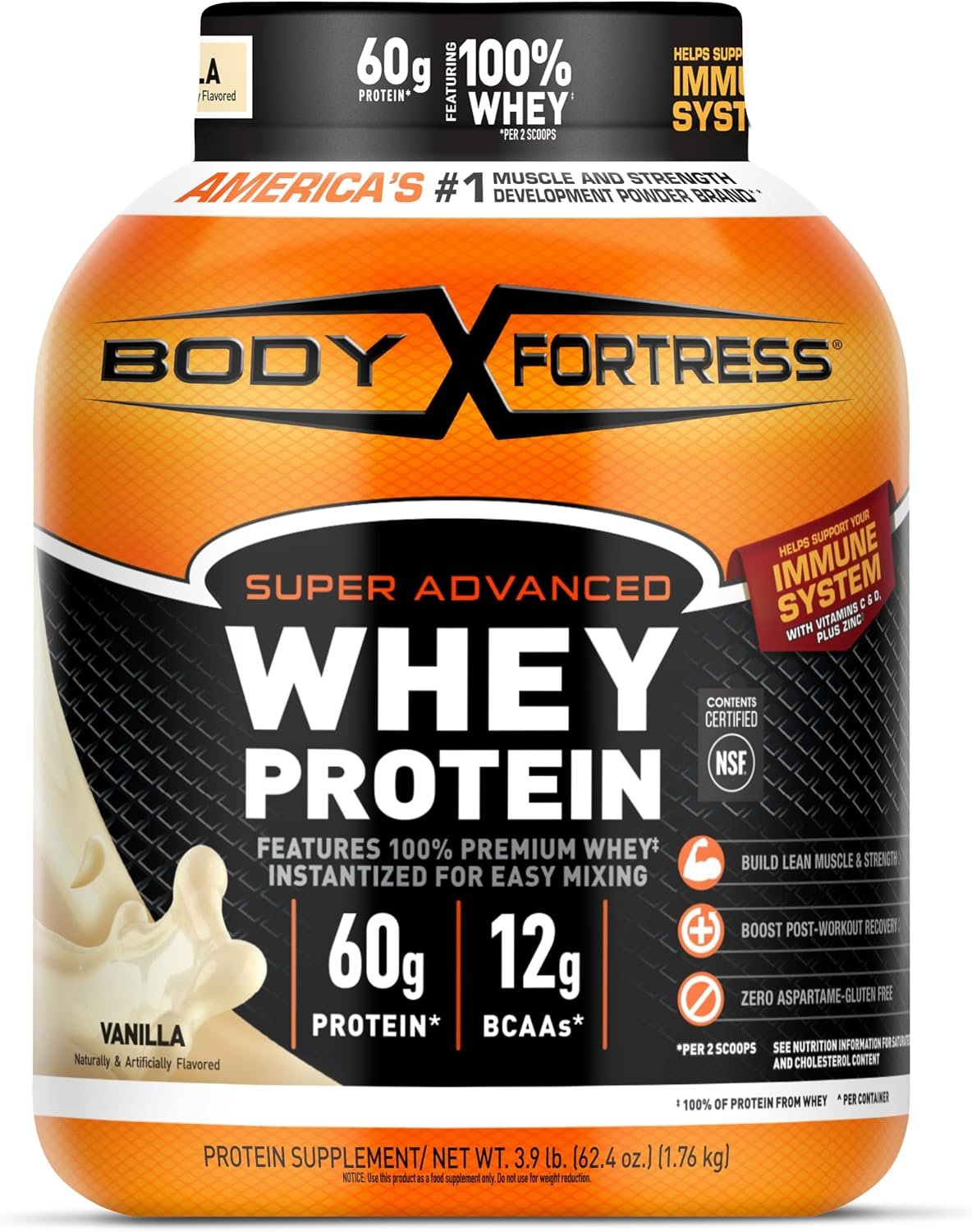 Body Fortress Super Advanced Whey Protein Powder, Vanilla, 3.9 lbs | Flavor: Vanilla, Immune Support, Muscle and Strength Development