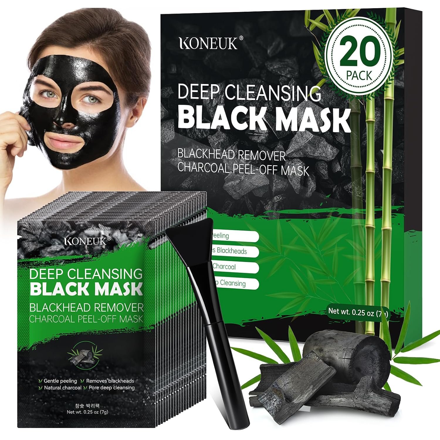 KONEUK 20 Pack Charcoal Peel Off Black Face Mask with Brush | Deep Cleansing for Men and Women