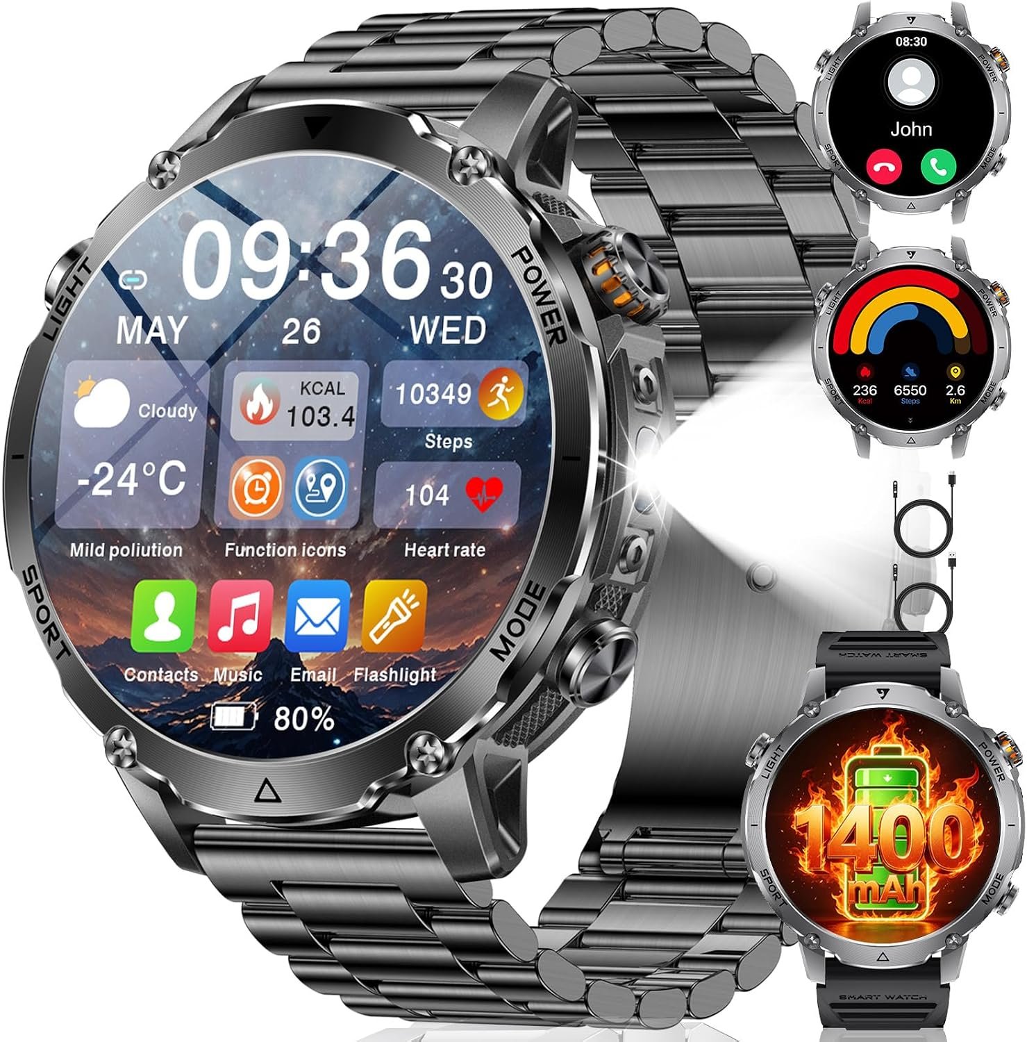 SUNKTA Military Smartwatch for Men 1400mAh Ultra Battery Fitness Smart Watch Answer/Make Calls, Heart Rate,Sleep Tracker, 100+Sports Mode, IP68 Waterproof Smartwatch for Android iPhone(2 Bands)