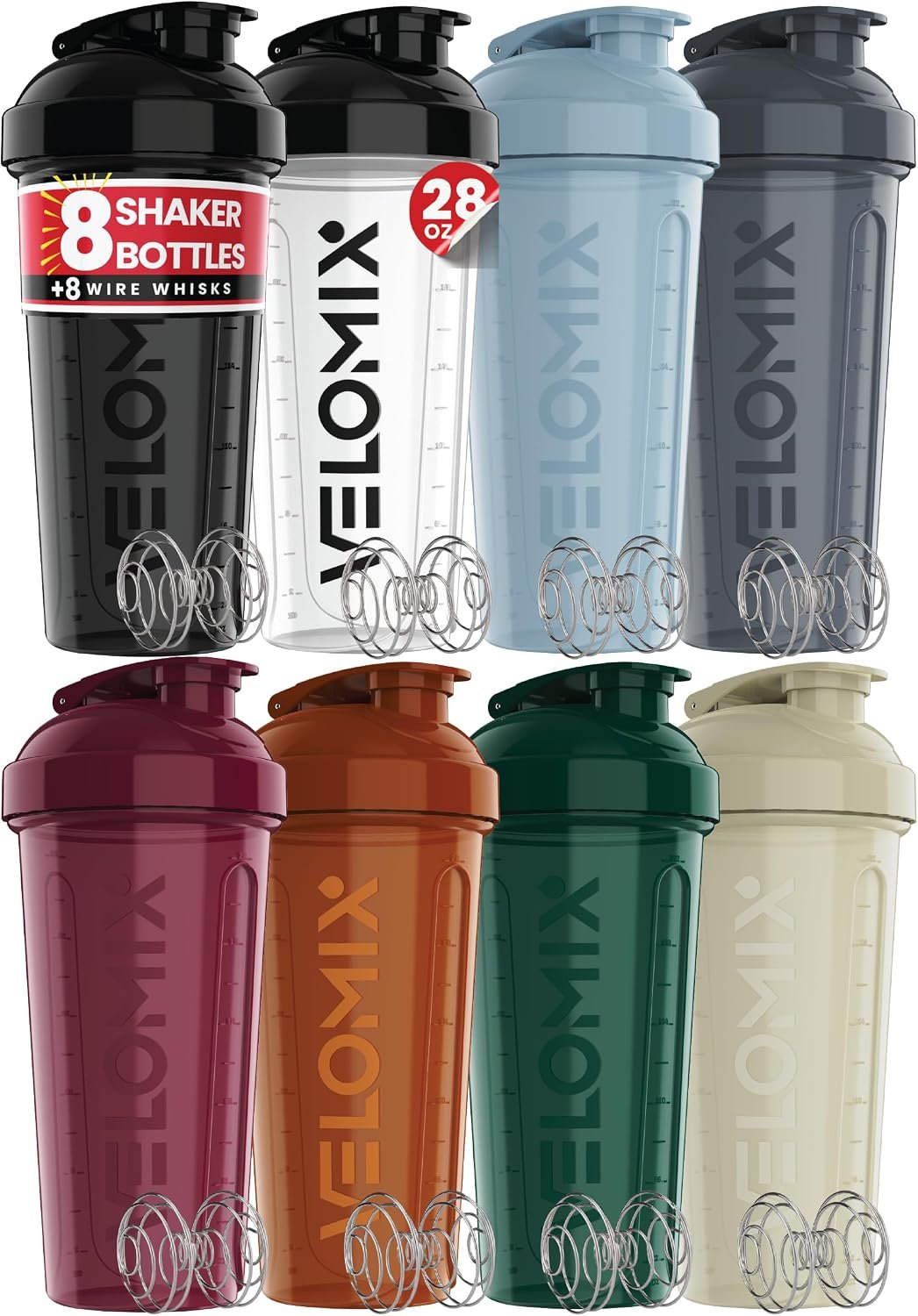 VELOMIX 8 Pack 28oz Protein Shaker Bottle for Protein Mixes, Midnight Black | 8x Wire Whisk, Leak Proof Shaker Cups for Protein Shakes, Stackable, Multipack Value Set for Home, Gym, Office and Car