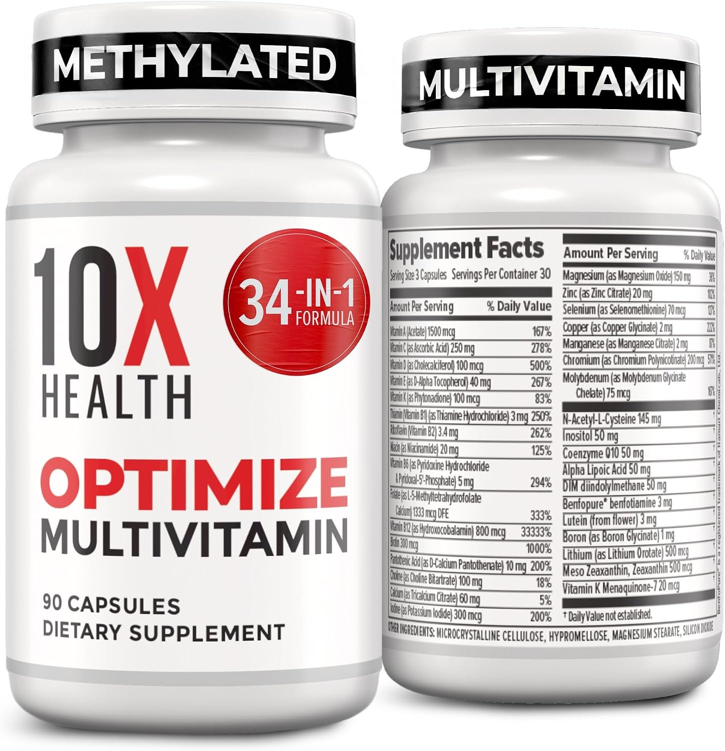 10X Health Methylated Multivitamin – 90 Capsules | Mthfr Supplement: 34-in-1 Formula, 800mcg B12, 5-MTHF & NAC, Methyl B Complex, Non-GMO