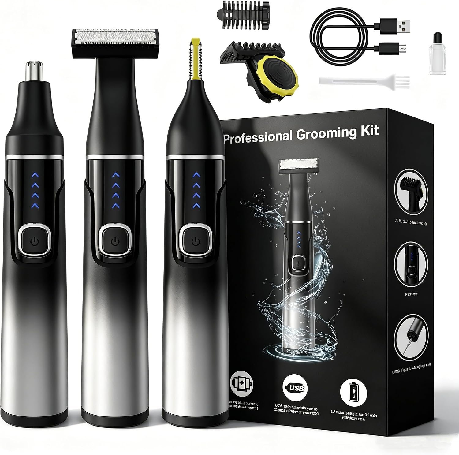 3-in-1 Body Groomer for Men, Waterproof Trimmer for Groin & Sensitive | Body groomer for groin sensitive areas. Nose ear eyebrow trimmer. USB-C, cordless travel.