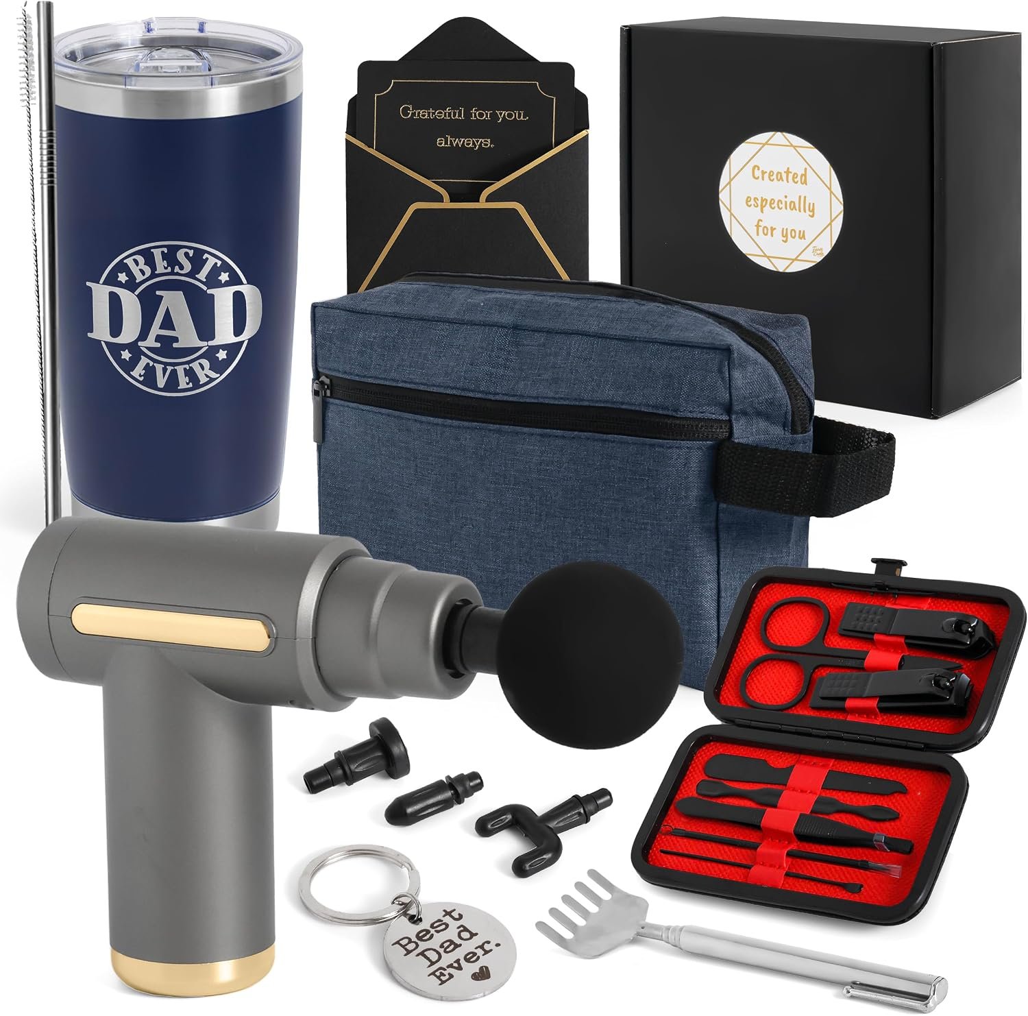 Dad Gift Box – Relaxation Kit with Massage Gun, Tumbler, Bag | 7-piece set: mini massage gun, 20oz tumbler, toiletry bag & grooming kit. Perfect Father’s Day or birthday gift for him.