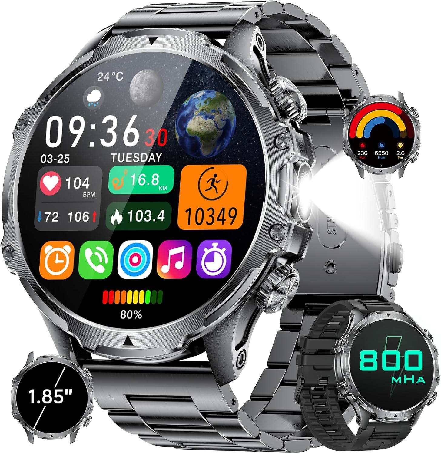 Military Smart Watch for Men, 1.85” HD Large Screen Smartwatch, 800mAh/LED Flashlight/IP68 Waterproof/Pedometer/100+ Sports Fitness Tracker, Mens Smart Watches for Android iOS, Black