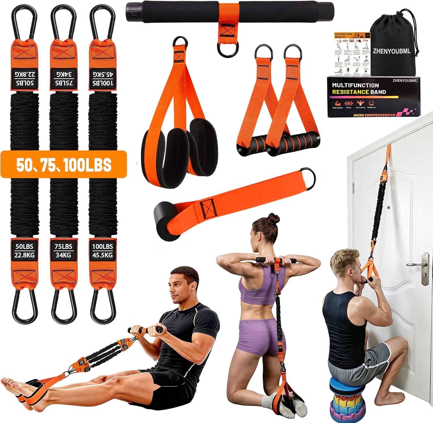 10PCS Pedal Resistance Band with Handle, Workout Door Anchor Kit, Orange | 50/75/100LBS, Multifunction, Abdomen, Waist, Arm, Core/ABS, Leg Workout, Sit Up, Resistance Band Door Anchor for Women or Men