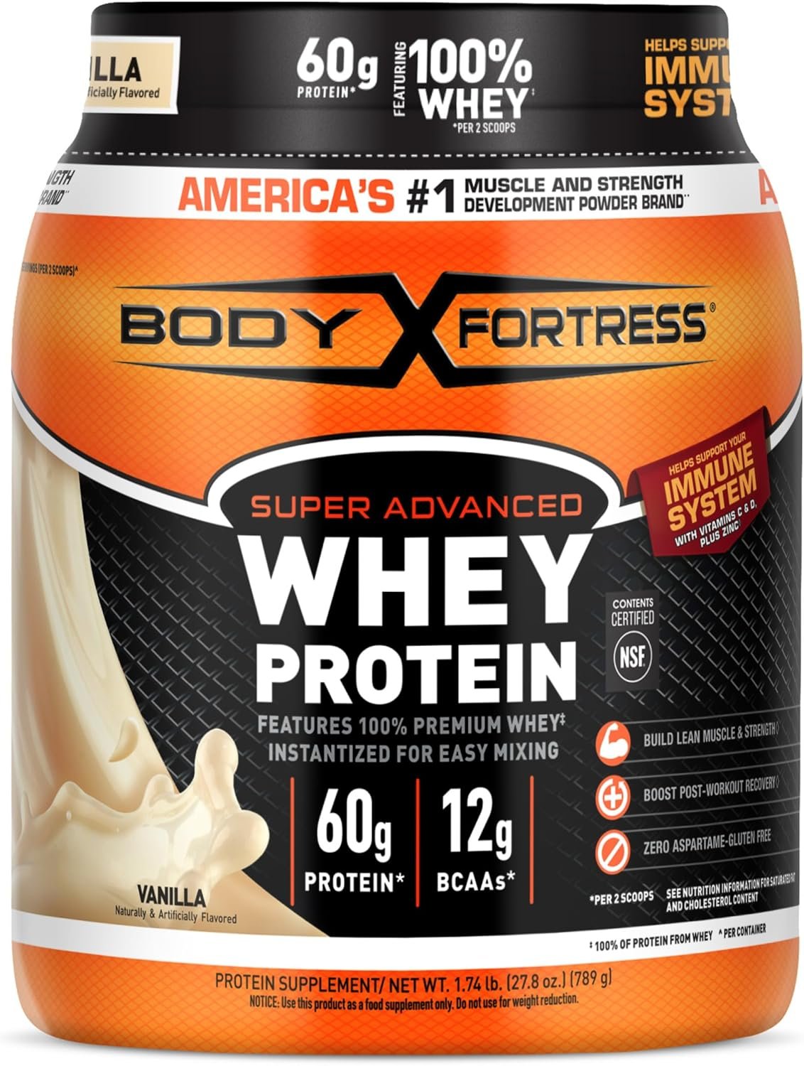 Body Fortress Super Advanced Whey Protein Powder, Vanilla, 1.74lbs | Flavor: Vanilla, Immune Support, Muscle and Strength Development