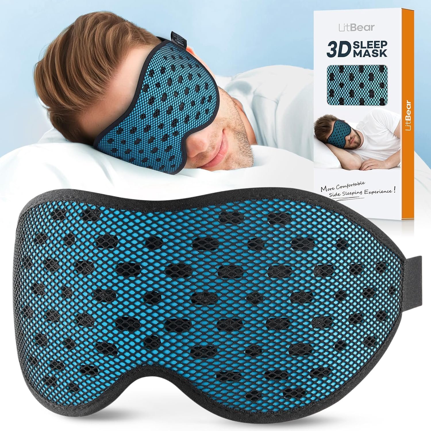 LitBear Breathable Sleep Mask, 3D Eye Mask Sleep for Side Sleeper Women Men | Light Blocking Sleeping Mask with Adjustable Strap, Soft Lightweight Eye Cover for Travel, Night Work, Nap, Office – Blue