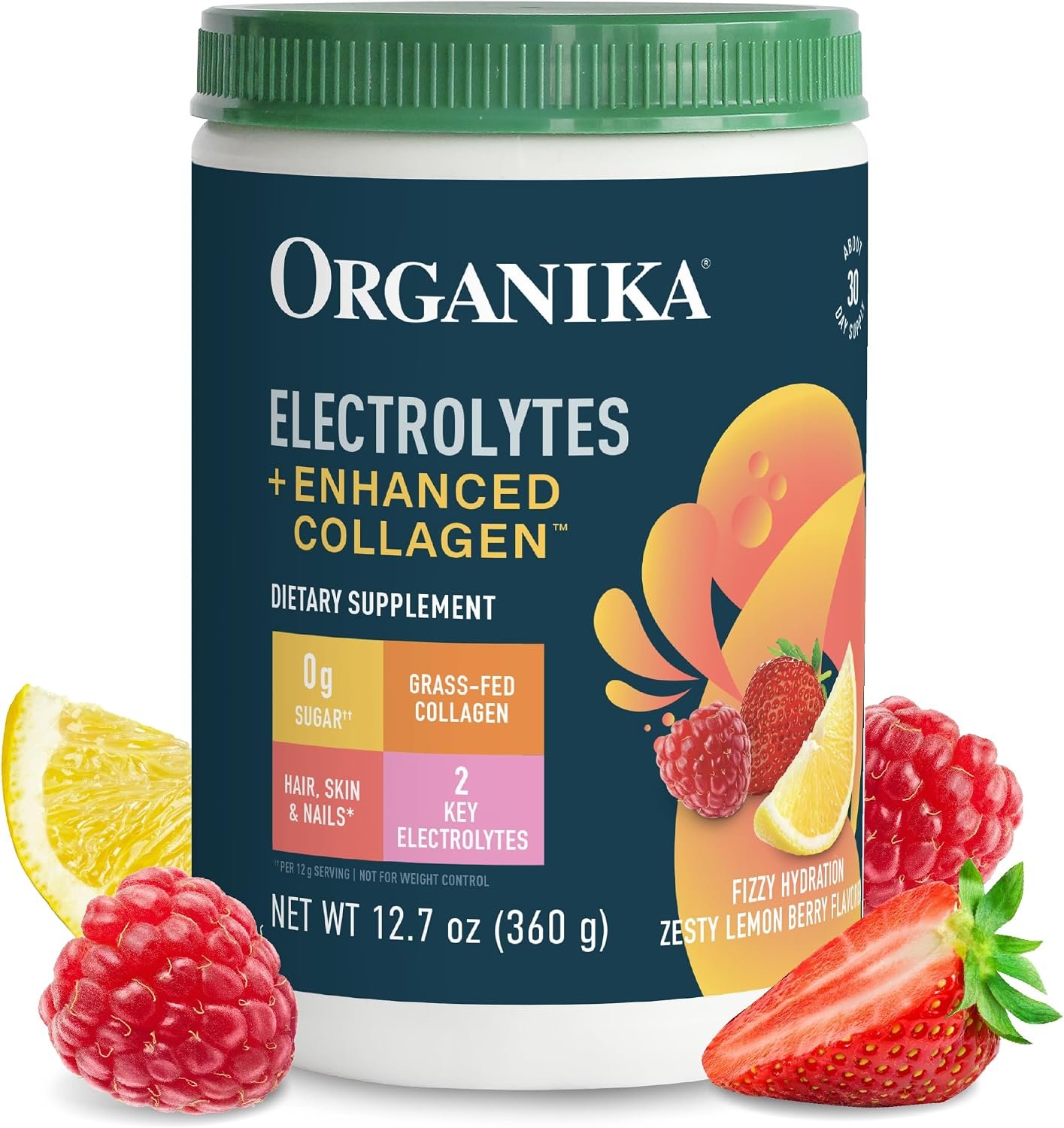 Organikа Electrolytes with Enhanced Collagen Powder for Women & Men – 13 oz – Zesty Lemon Berry-Flavored Effervescent Electrolyte & Collagen Drink Mix – Deep Hydration, Mobility, Skin, Hair, & Nails