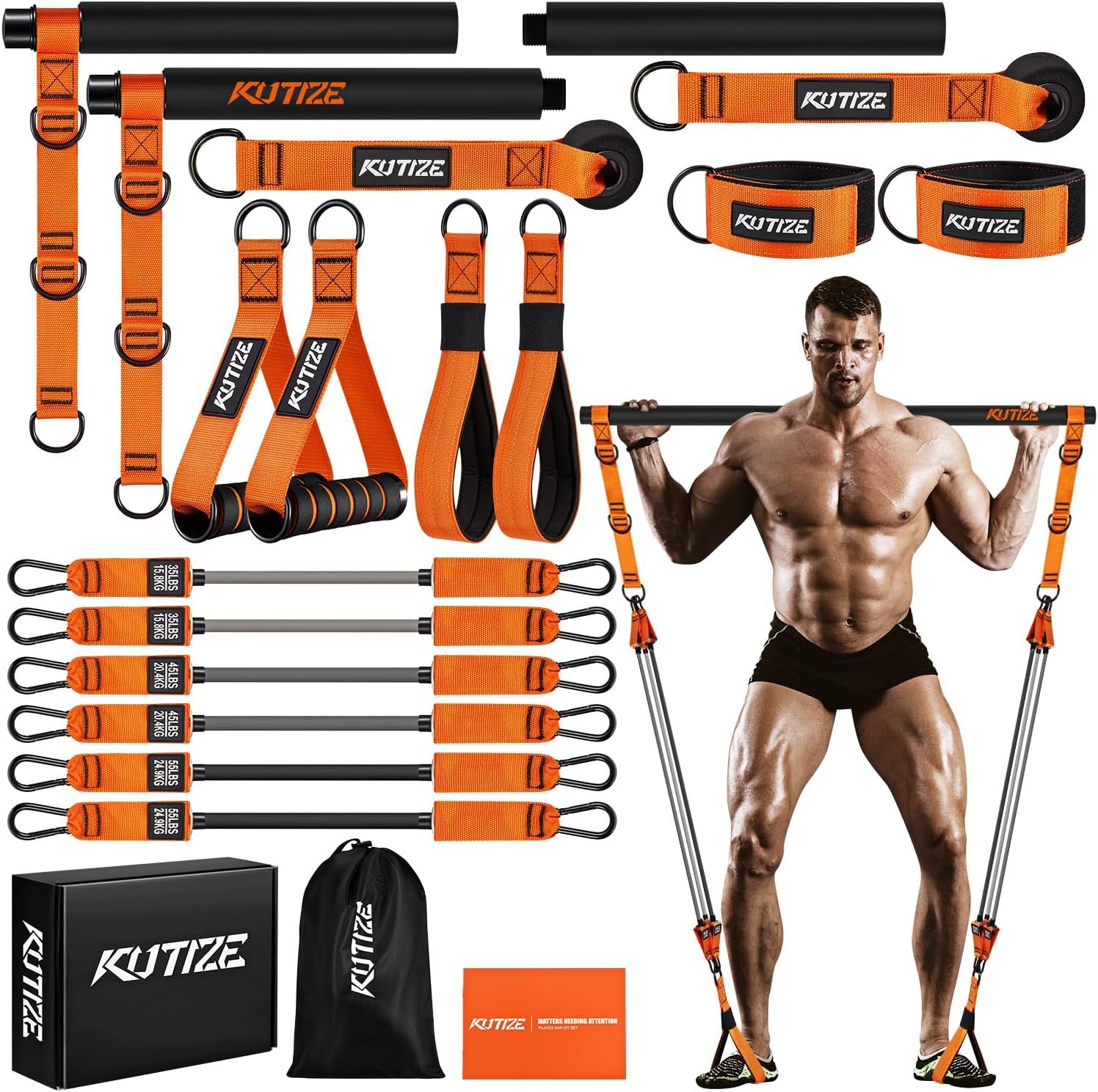 KUTIZE Pilates Bar Kit with Resistance Bands, Heavy Duty Pilates Equipment for Men, Training Bands with Handles for Legs, Hip, Back, Arm, Abs, Chest, Shoulders, Portable Home Gym Workout Equipment