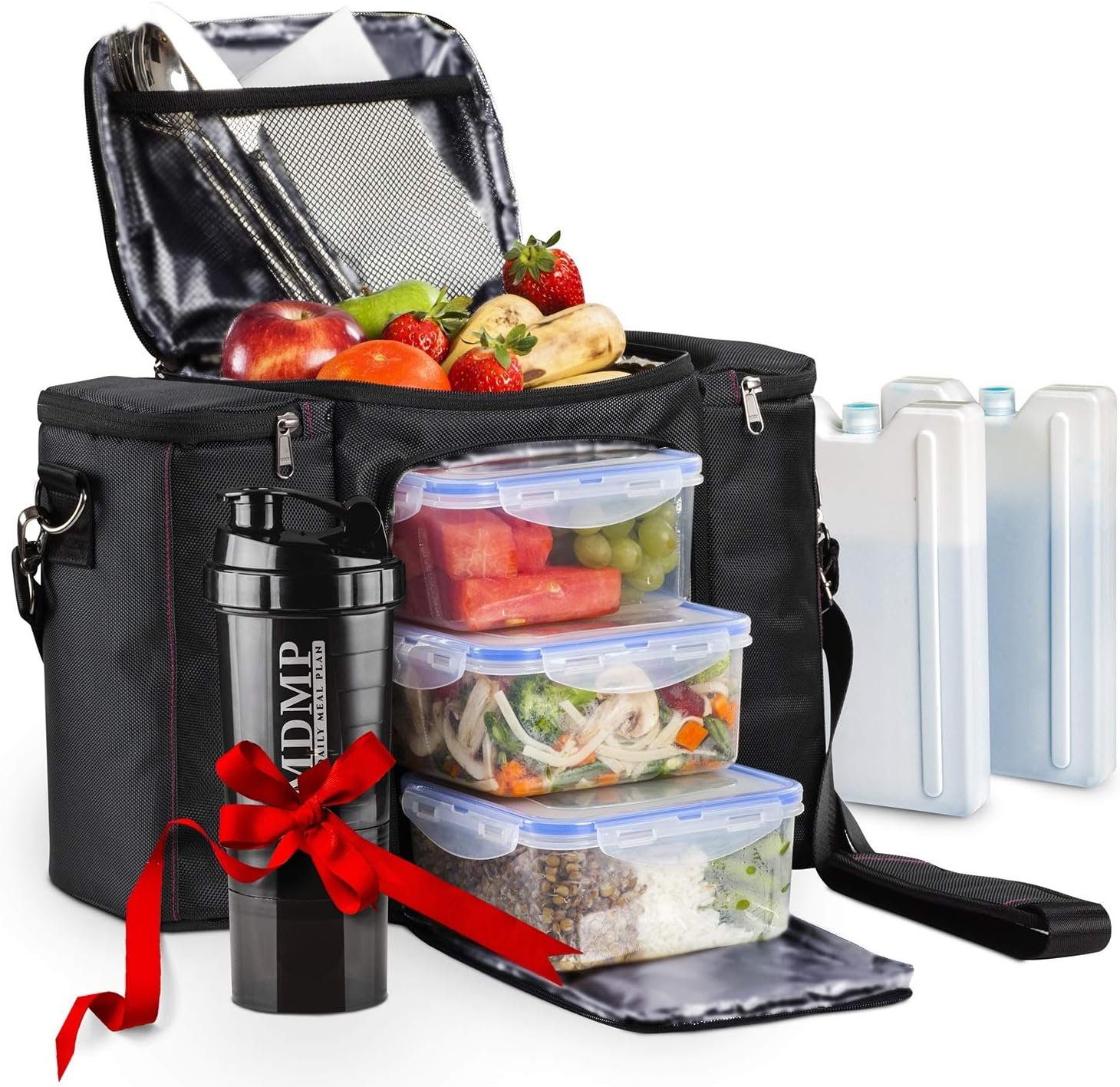 Meal Prep Lunch Bag/Box For Men, Women + 3 Large Food Containers (45 Oz.) + 2 Big Reusable Ice Packs + Shoulder Strap + Shaker With Storage. Insulated Lunchbox Cooler Portion Control Set (Black)