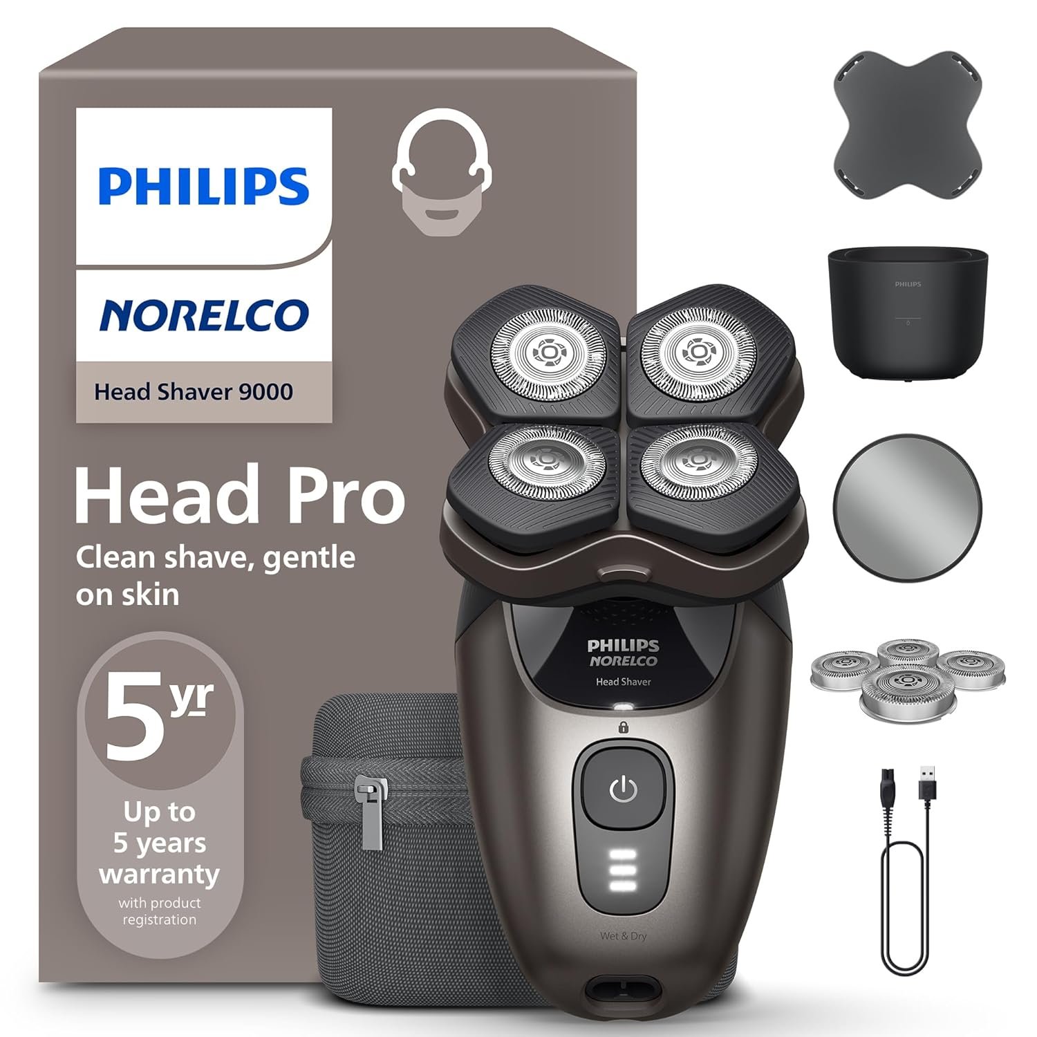 Philips Norelco Head Shaver Pro 9000 Electric Shaver, Clean & Gentle Shave | Electric Shaver for Men and Women, 360° Flexing Head, ComfortCut Blades, PowerAdapt Sensor, 90-Min Runtime, HS9980/40