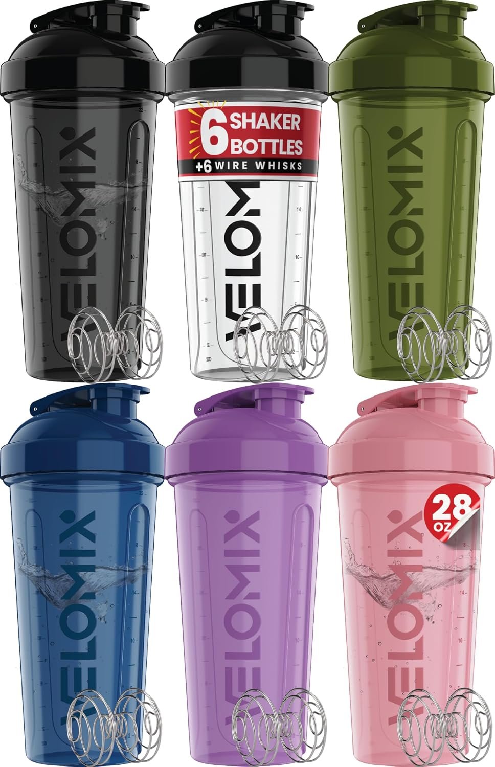 VELOMIX 6 Pack 28oz Shaker Cups for Protein Shakes, Blacks to Transparent | 6x Wire Whisk, Leak Proof Protein Shaker Bottle for Protein Mixes, Stackable, Multipack Value Set for Home, Gym and Car
