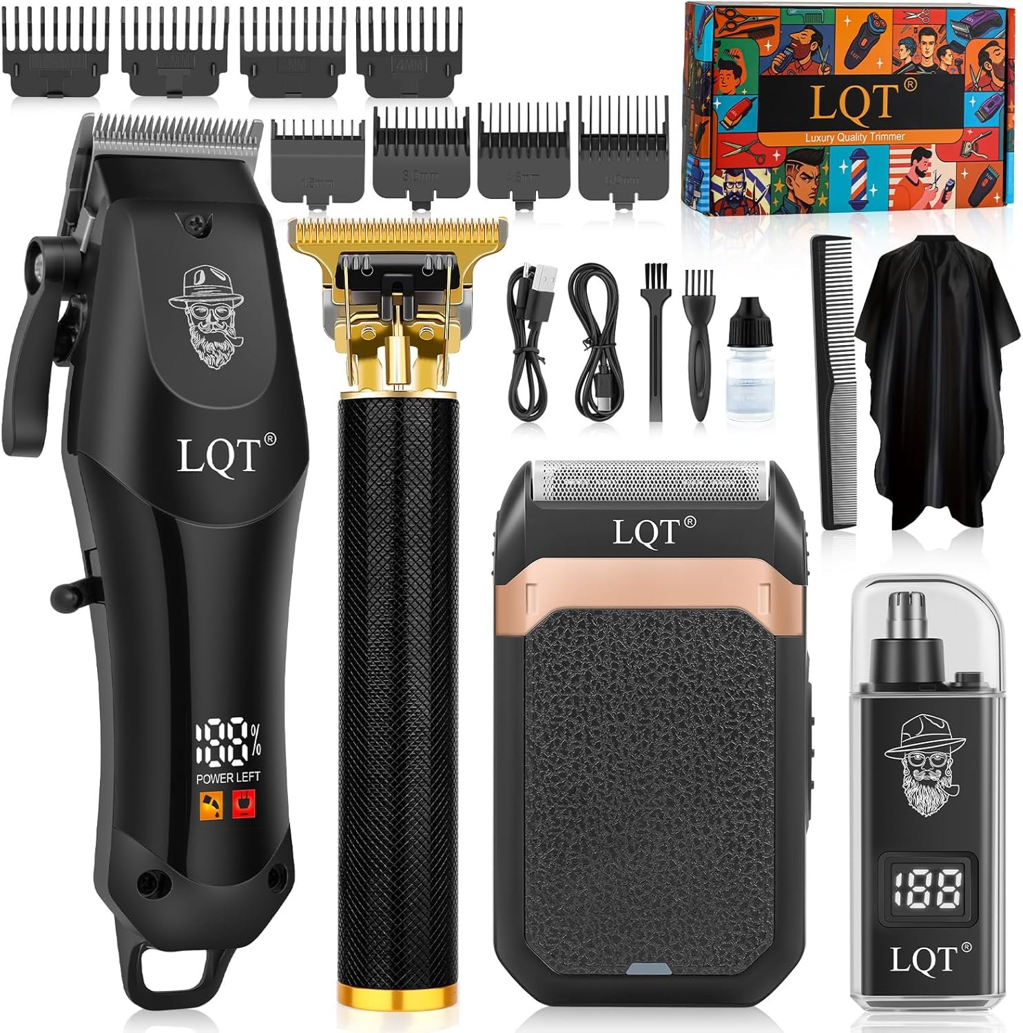 Hair Clippers for Men with LED Display, 4-Piece Cordless Grooming Kit with Hair Clipper, Beard Trimmer, Foil Shaver & Nose Trimmer, Complete Set for Home Barber