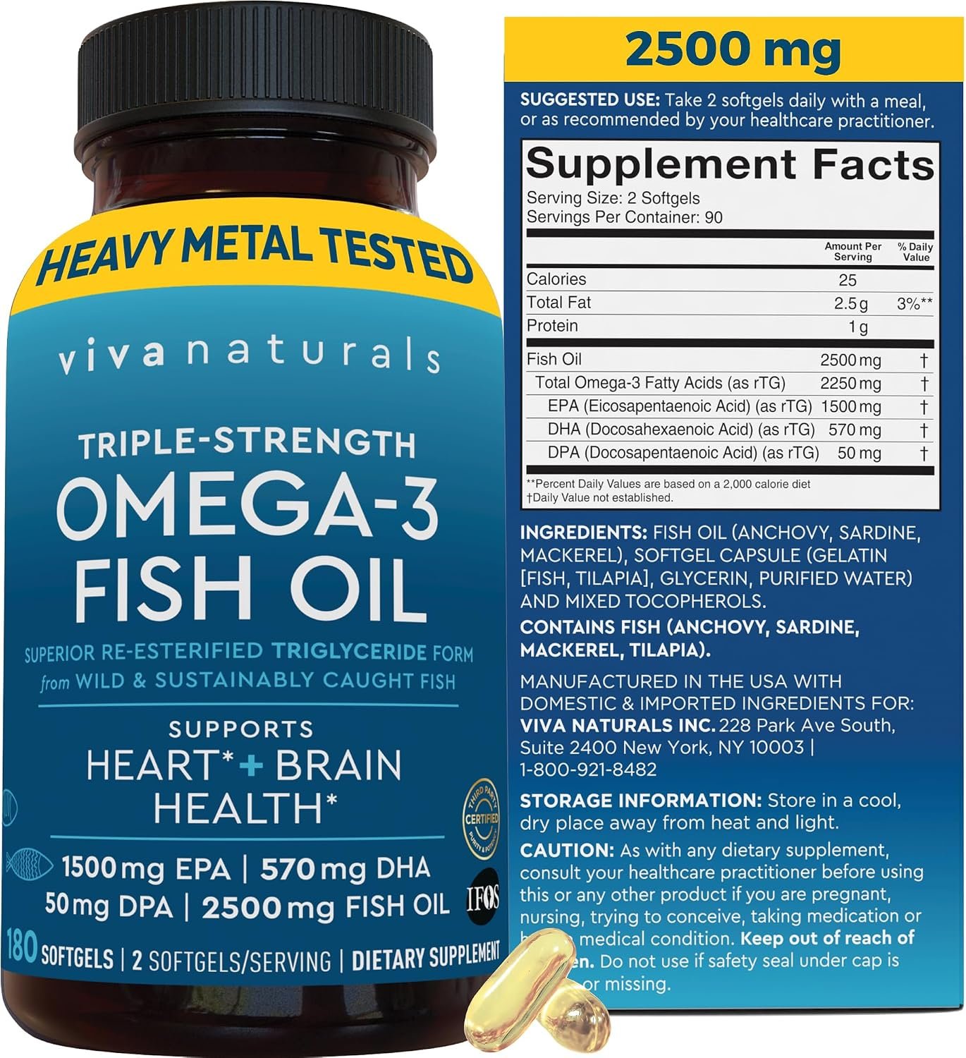 Omega 3 Fish Oil Supplement for Women and Men – 2500 mg Triple Strength Fish Oil per Serving with Omega 3 Fatty Acids Including EPA, DHA DPA – 180 Pescatarian-Friendly Softgels