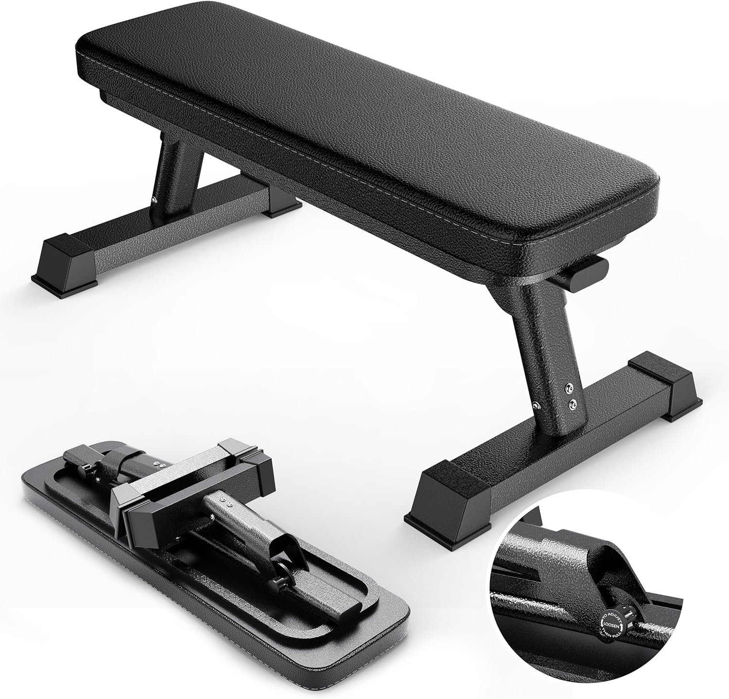 Finer Form Foldable Flat Weight Bench for Home Gym, 1,000 lb Capacity | 4-Way Steel Frame for Extra Stability, Thick Pad, Easy Folding Storage, Minimal Assembly, Free Workout Chart Included
