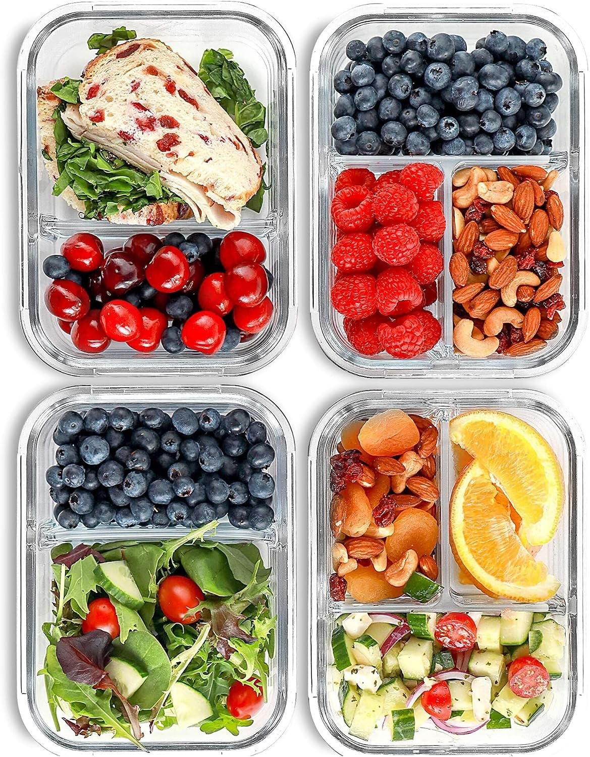 Glass Meal Prep Containers 2 and 3 Compartments, Leak-Proof, 32 oz, 4 Pack | Food Storage Bento Box, Lunch Containers Set, Snack Boxes, Portion Control, Dishwasher Oven Freezer Safe, Airtight Lids Blue