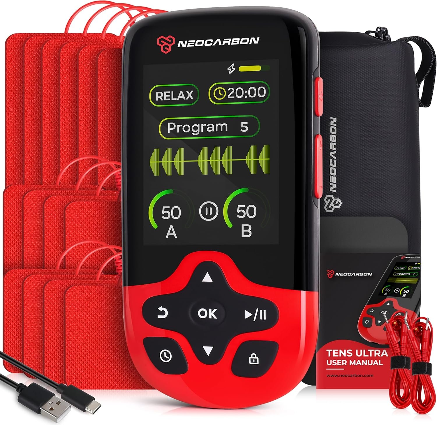 NEOCARBON TENS Unit Muscle Stimulator Ultra for Pain Relief, Red | Pain Relief & Muscle Recovery, PMS Steady Mode, Ultra Performance & Color Screen, Dual Channel & Accessories Kit