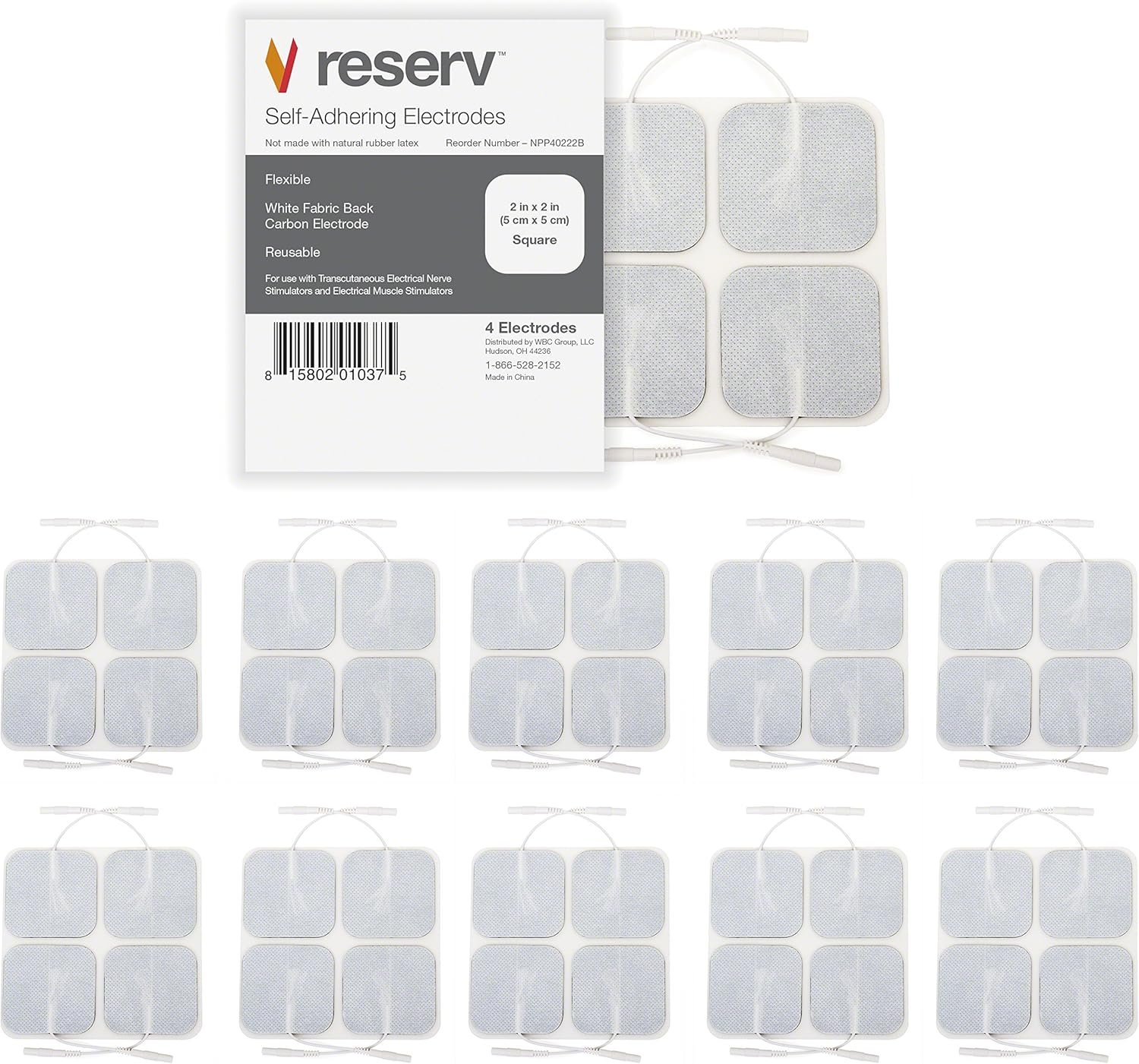 reserv 2″ x 2″ Premium Re-Usable Self Adhesive Electrode Pads for TENS/EMS Unit, Fabric Backed Pads with Premium Gel (Latex Free) (1 Pack (40 electrodes)