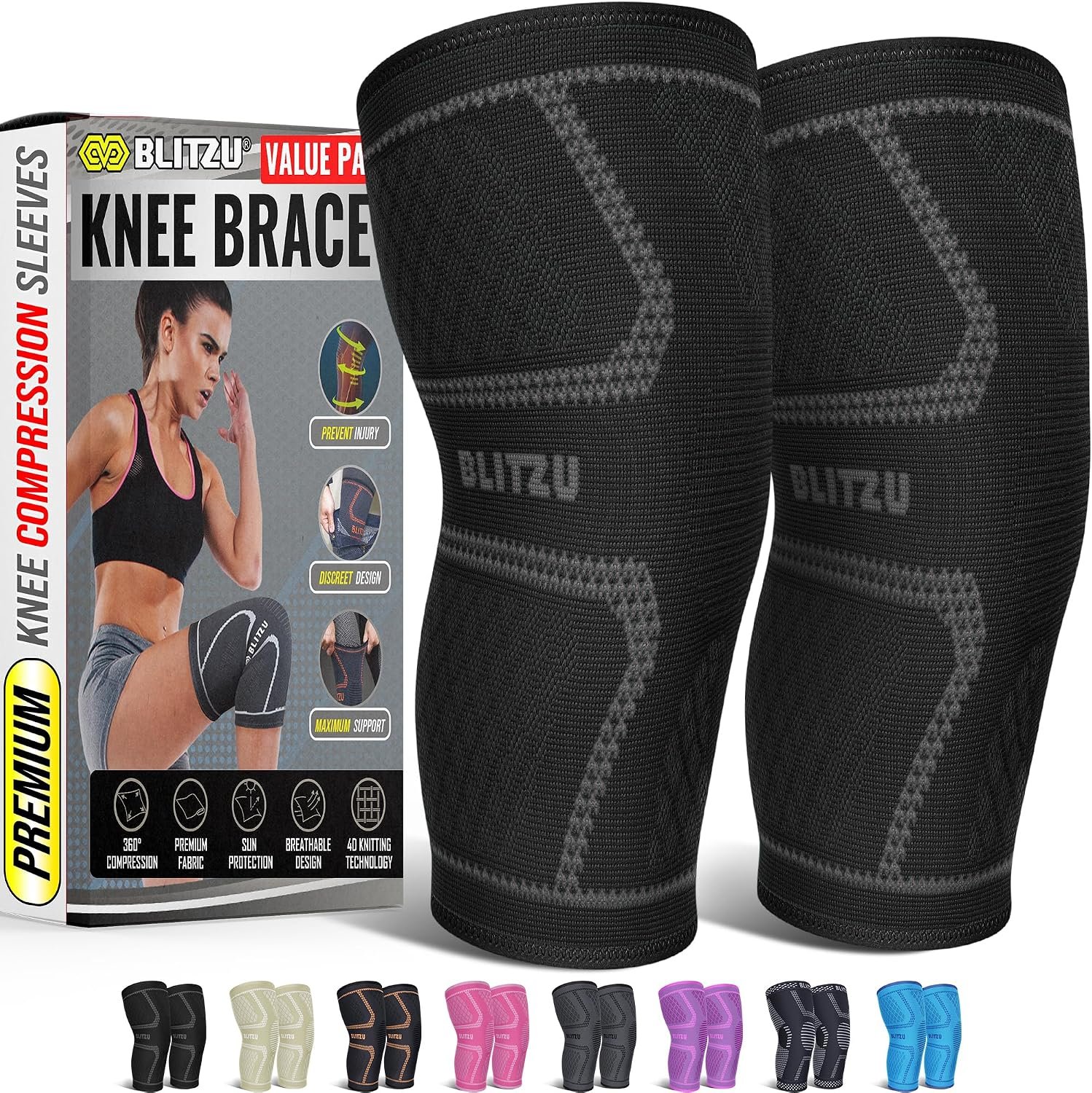 Knee Brace Men & Women, Knee Compression Sleeve Support Wrap Tendonitis L | 2 Pack, Joint & Patella Stabilization, Arthritis Pain Relief, Meniscus Tear, ACL Injury Recovery, Running, Sports, Workout