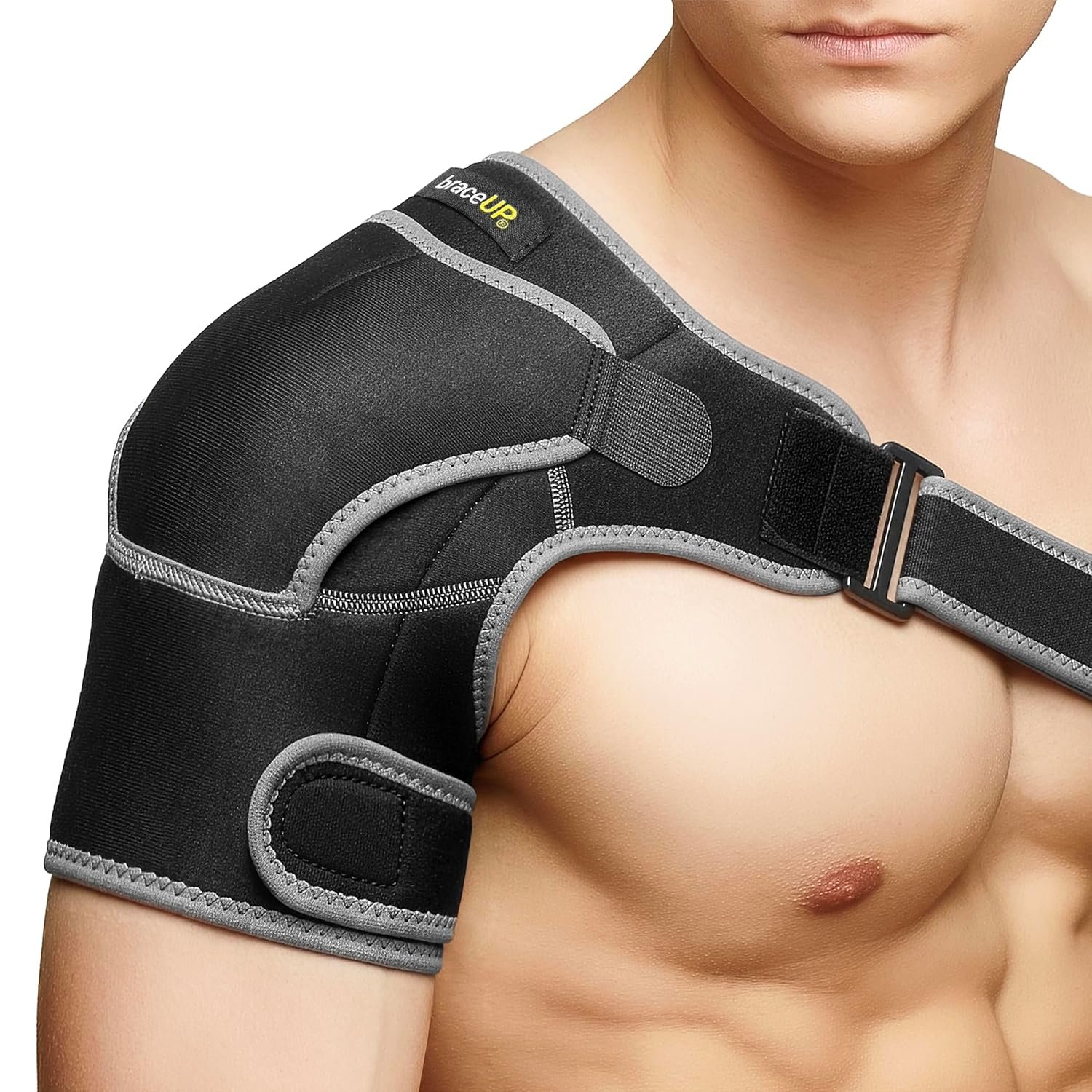 BraceUP Shoulder Brace with Adjustable Support and Ice Pad Pocket for Pain Relief, Rotator Cuff Recovery, and Injury Prevention – Ideal for Men and Women, One Size Fits Most