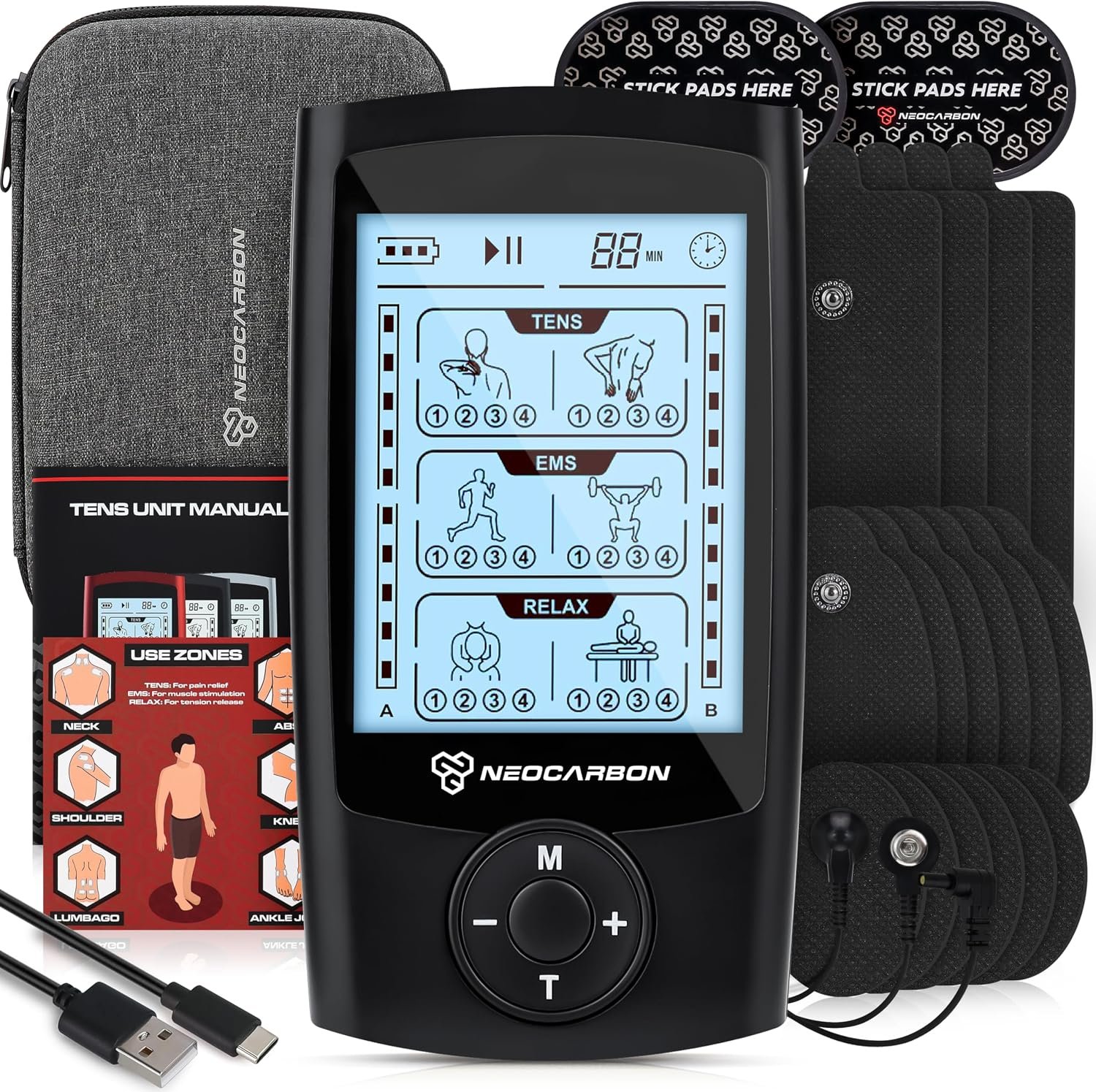 NEOCARBON TENS Unit Muscle Stimulator, Pulse Massager Machine, Black | All in One Kit, Pain Relief at Home, TENS & PMS Muscle Stimulator, Pulse Massager for Nerve & Muscle Pain Relief