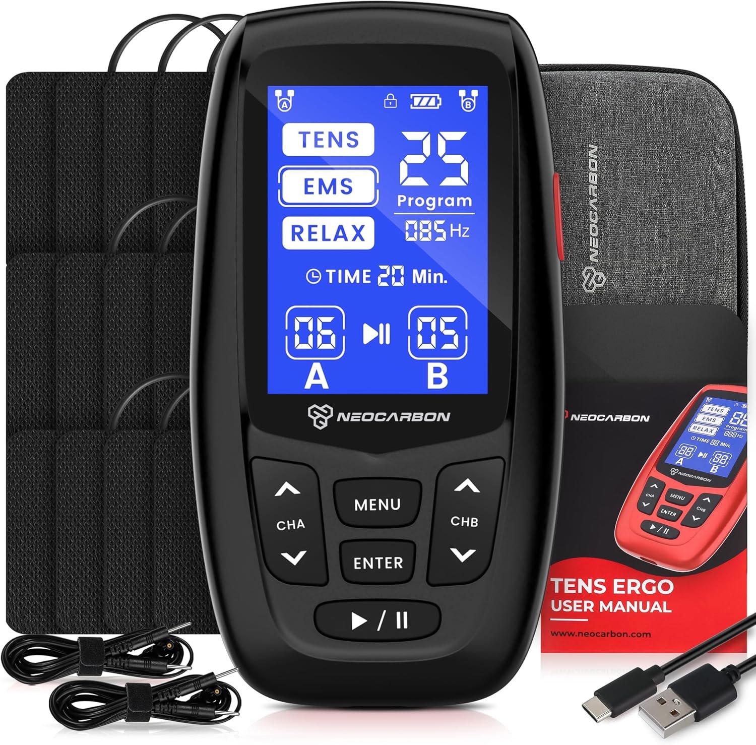 NEOCARBON TENS Unit Muscle Stimulator Ergo Machine for Pain Relief, Black | Advanced Pain Relief & PMS Comfort, Ergonomic & User-Friendly Design, Long-Lasting Power & Portability, Electrode Pads & Kit