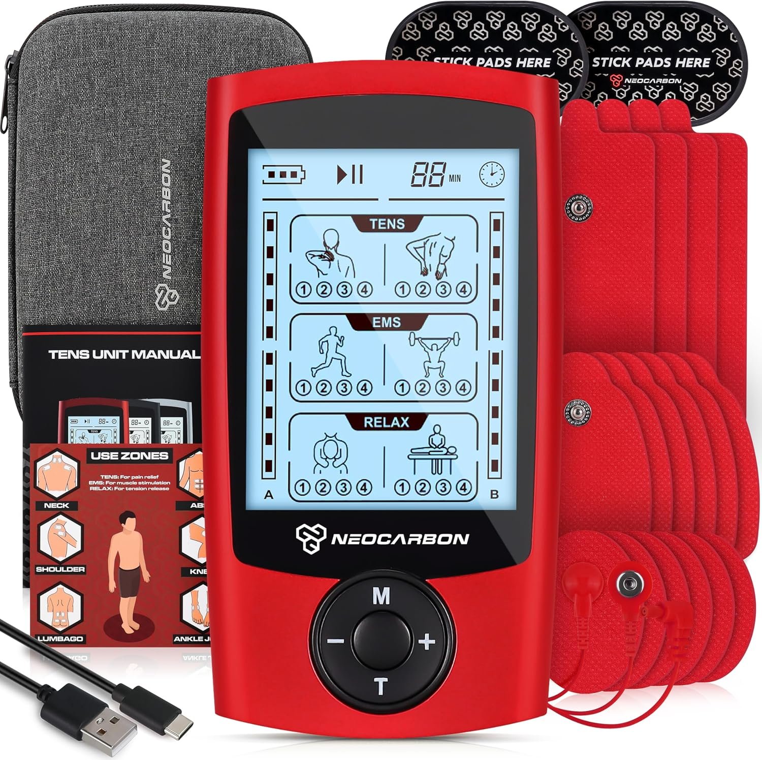 NEOCARBON TENS Unit Muscle Stimulator, Pulse Massager Machine, Red | All in One Kit, Pain Relief at Home, TENS & PMS Muscle Stimulator, Pulse Massager for Nerve & Muscle Pain Relief