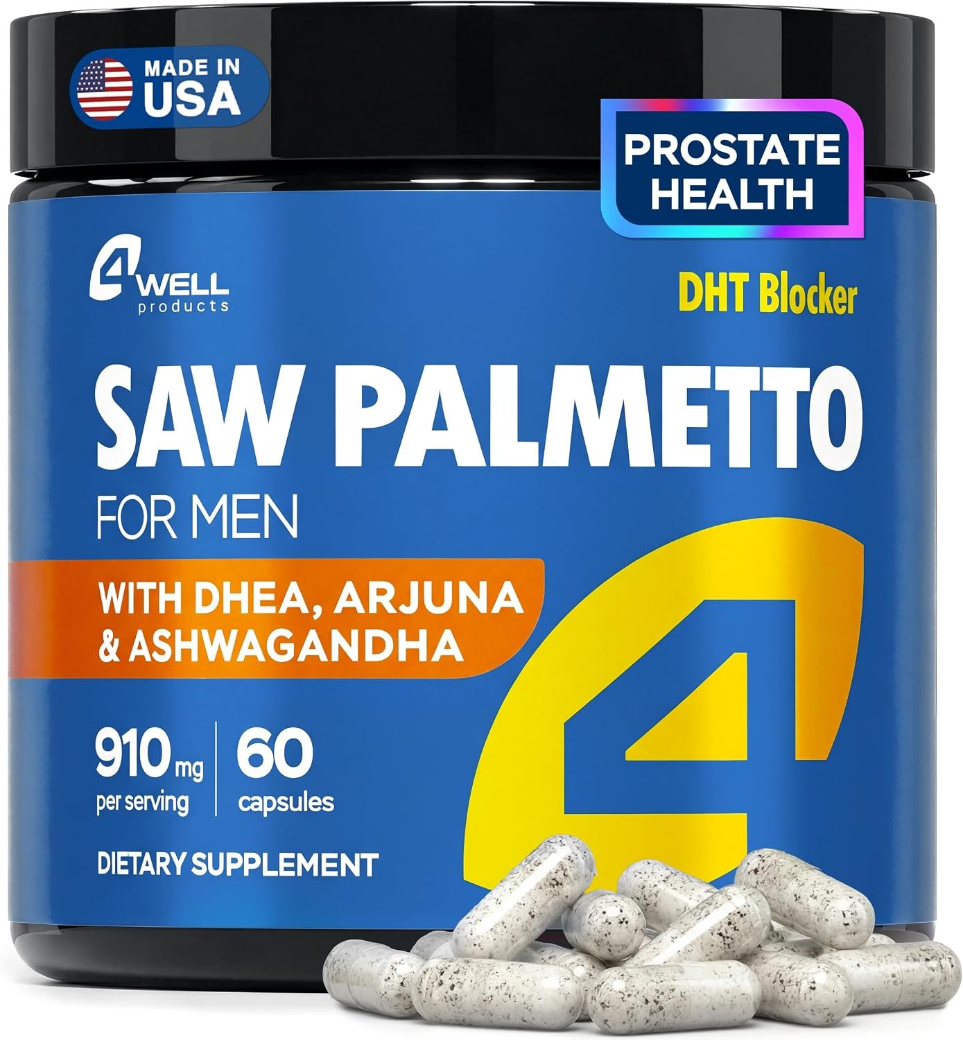4Well Products Saw Palmetto for Men & Prostate Health Supplements with Arjuna Extract – Advanced Formula Saw Palmetto & Arjuna Bark Extract w/DHEA & Ashwagandha 900mg – DHT Blocker for Hair Support