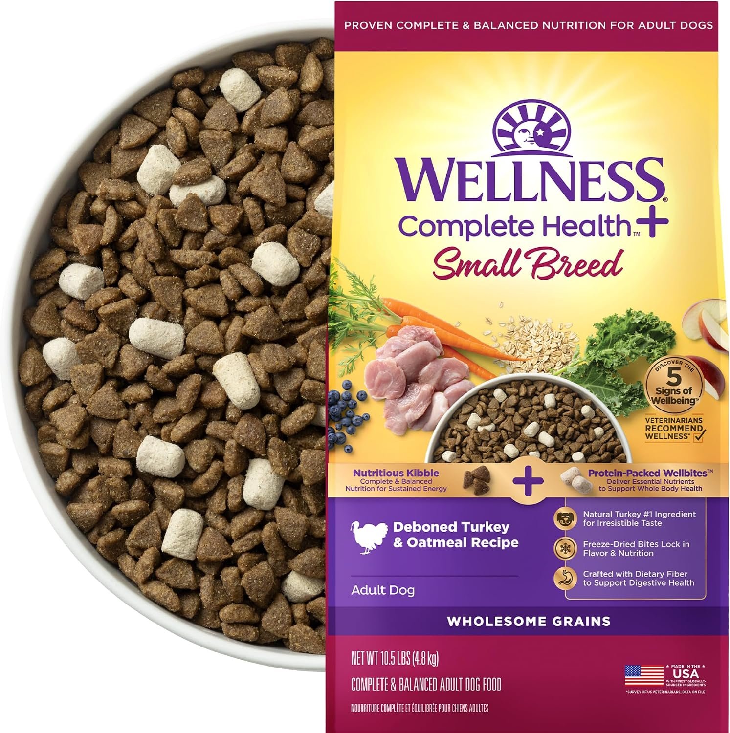 Wellness Complete Health+ Small Breed Adult Dry Dog Food with Freeze Dried Wellbites, Wholesome Grain Kibble+, Natural, Turkey and Oatmeal Recipe, 10.5 lb Bag