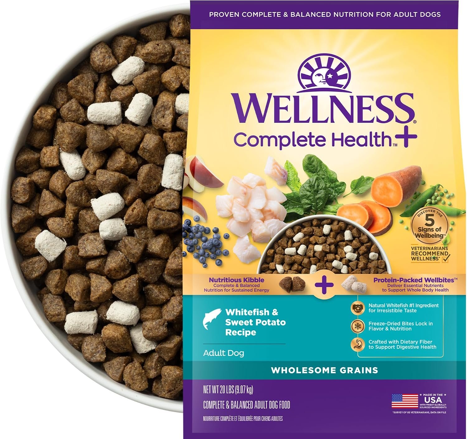Wellness Complete Health+ Adult Dry Dog Food with Freeze Dried Wellbites, Wholesome Grain Kibble+, Natural, Chicken Free, Whitefish and Sweet Potato Recipe, 20 lb Bag