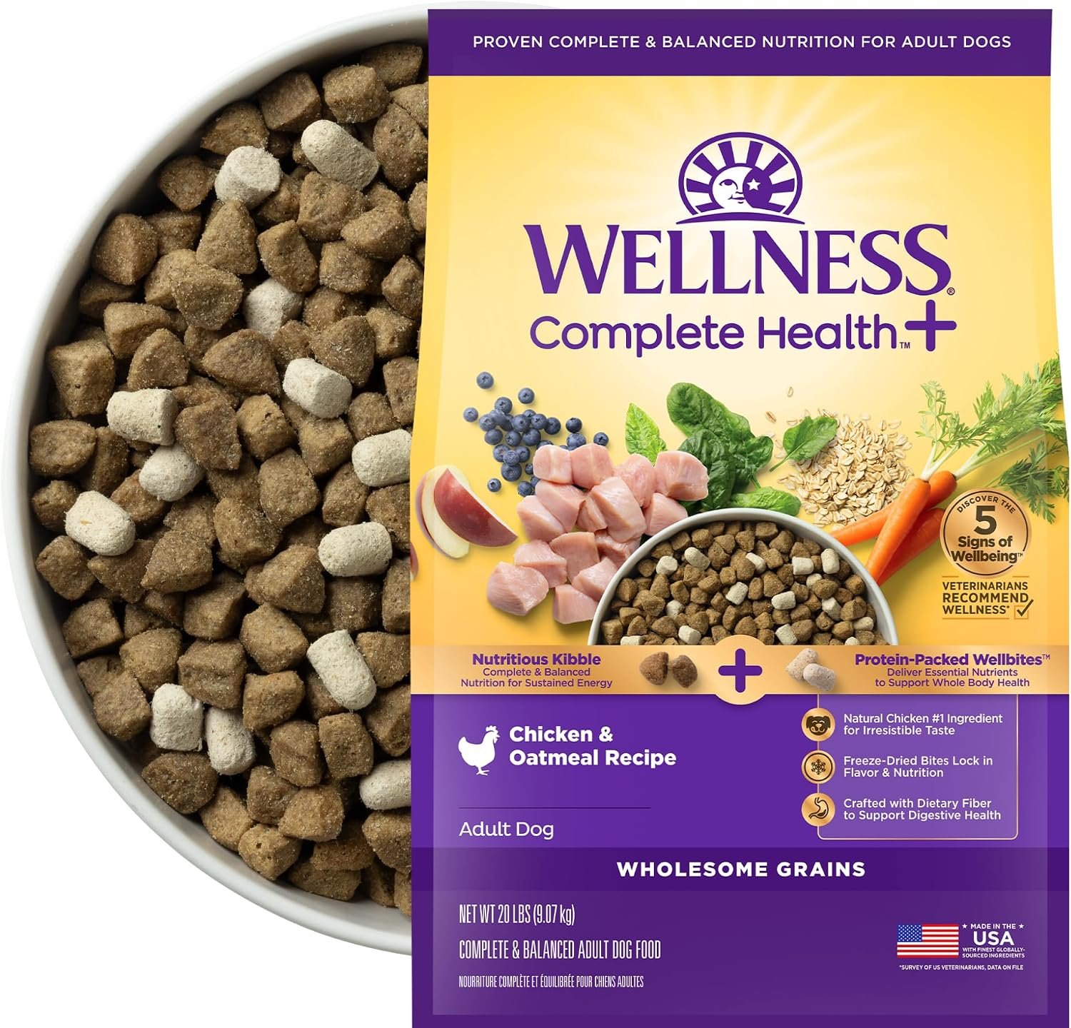 Wellness Complete Health+ Adult Dry Dog Food with Freeze Dried Wellbites, Wholesome Grain Kibble+, Natural, Chicken and Oatmeal Recipe, 20 lb Bag