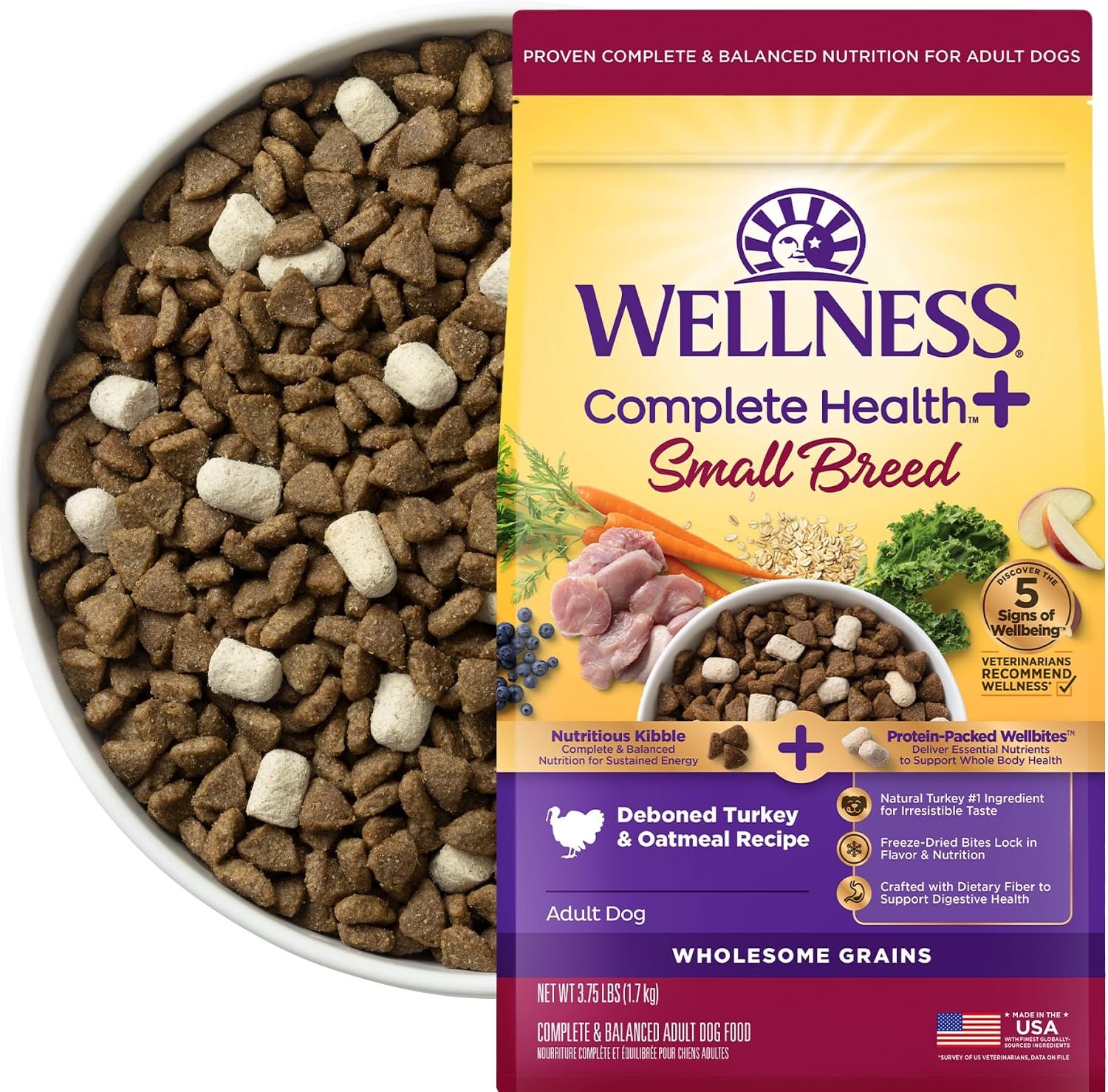 Wellness Complete Health+ Small Breed Adult Dry Dog Food with Freeze Dried Wellbites, Wholesome Grain Kibble+, Natural, Turkey and Oatmeal Recipe, 3.75 lb Bag