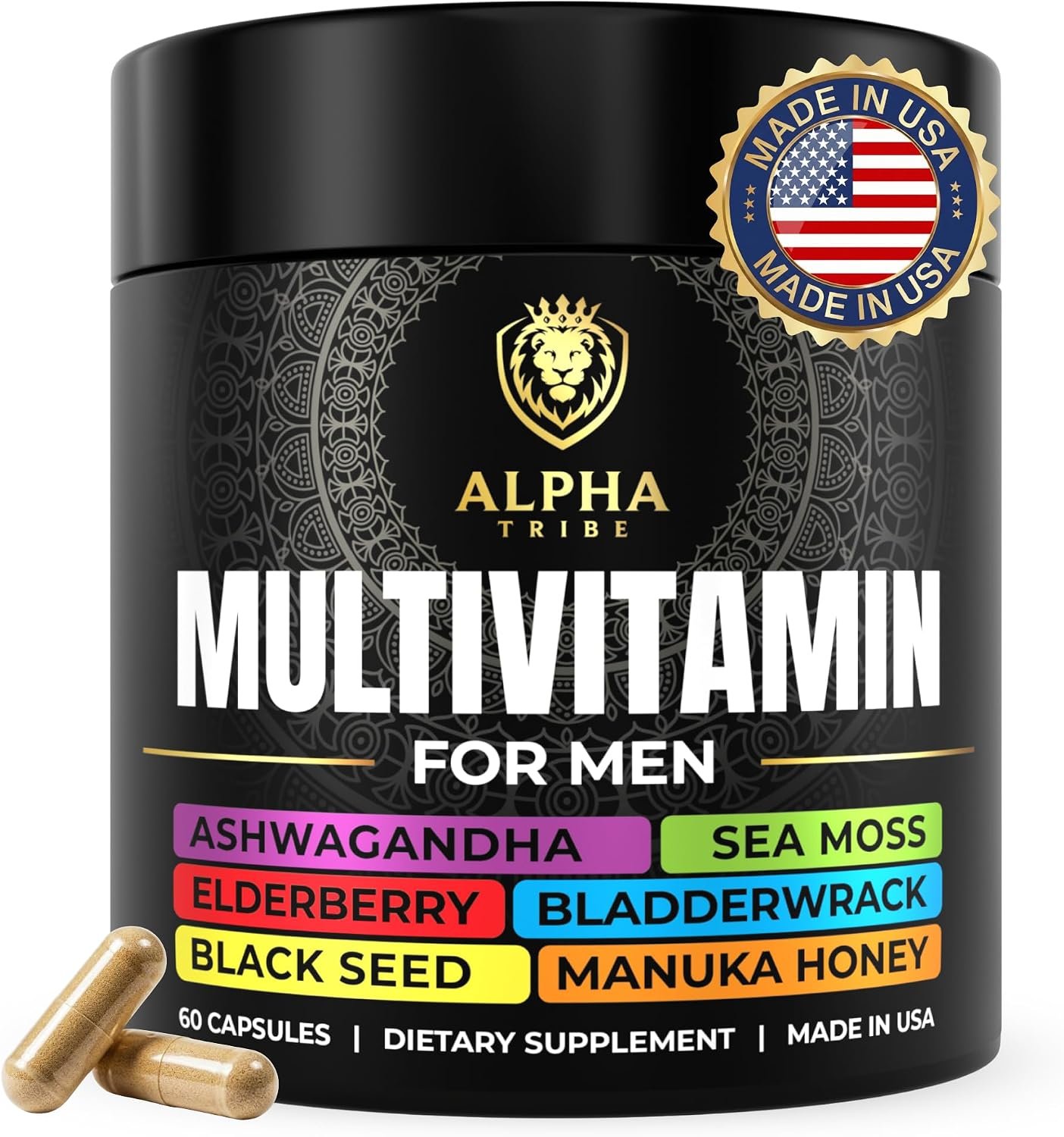 Alpha Tribe Multivitamin for Men with Seamoss Black Seed Oil Ashwagandha Burdock Root, Turmeric Bladderwrack, Vitamin C, Elderberry, Manuka, Yellow Dock | Daily Men’s Vitamins and Minerals Supplement