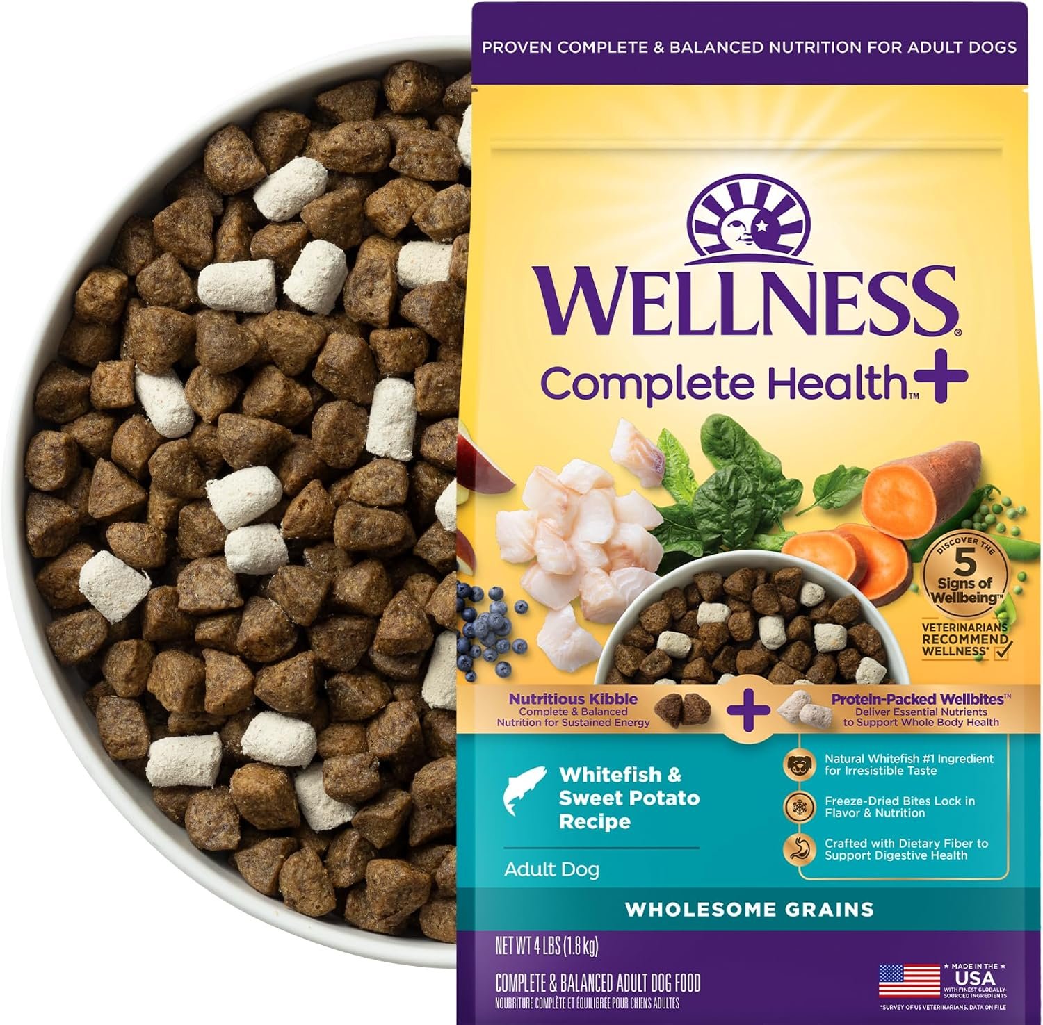 Wellness Complete Health+ Adult Dry Dog Food with Freeze Dried Wellbites, Wholesome Grain Kibble+, Natural, Chicken Free, Whitefish and Sweet Potato Recipe, 4 lb Bag
