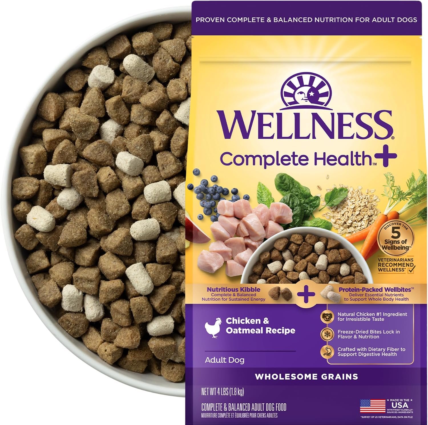 Wellness Complete Health+ Adult Dry Dog Food with Freeze Dried Wellbites, Wholesome Grain Kibble+, Natural, Chicken and Oatmeal Recipe, 4 lb Bag
