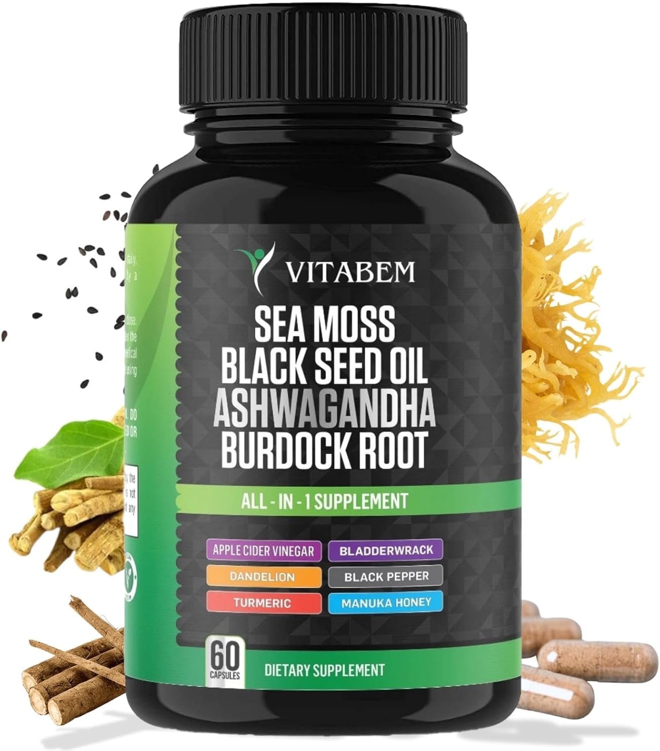 Sea Moss Black Seed Oil Ashwagandha Turmeric Bladderwrack Burdock Root | Advanced Sea Moss Capsules All in One Supplement with Seamoss Black Seed Oil Burdock Root Capsules – 60 Count