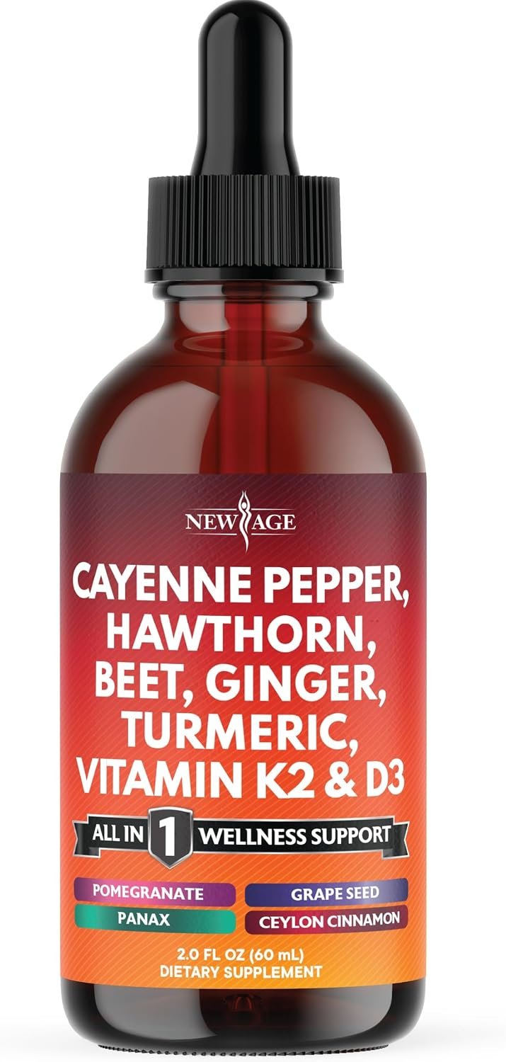 NEW AGE Cayenne Pepper Supplement Liquid Drops + Hawthorn Berry, Vitamin D3 K2 Beet Root Powder, Ceylon Cinnamon, Turmeric Curcumin, Organic Panax Ginseng – 2oz